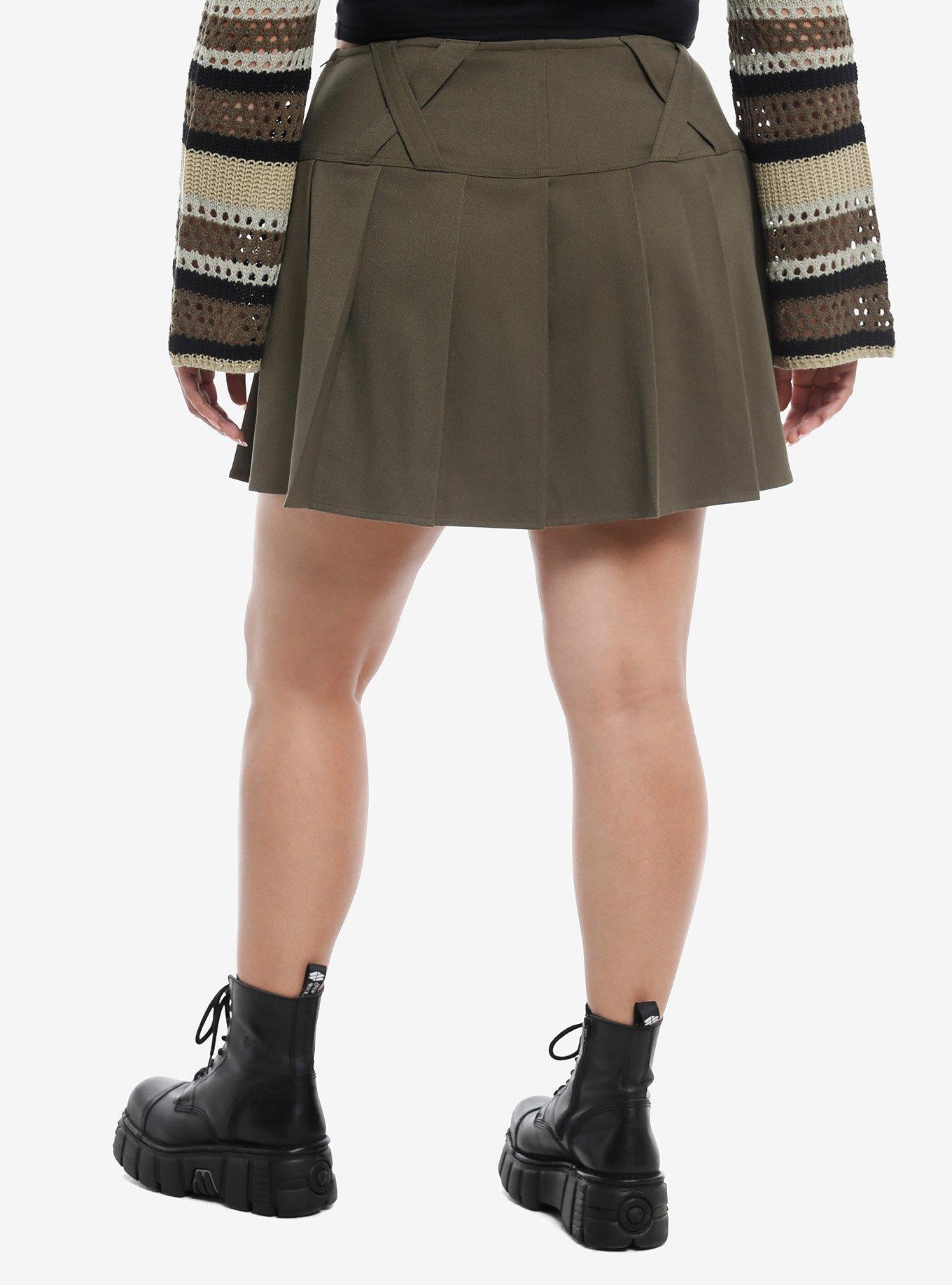 Social Collision® Olive Grommet Tape Wide Yoke Skirt Plus Size, , hi-res