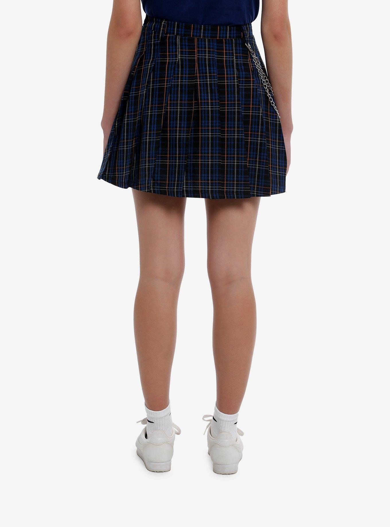 Social Collision® Blue & Orange Plaid Pleated Skirt With Chain