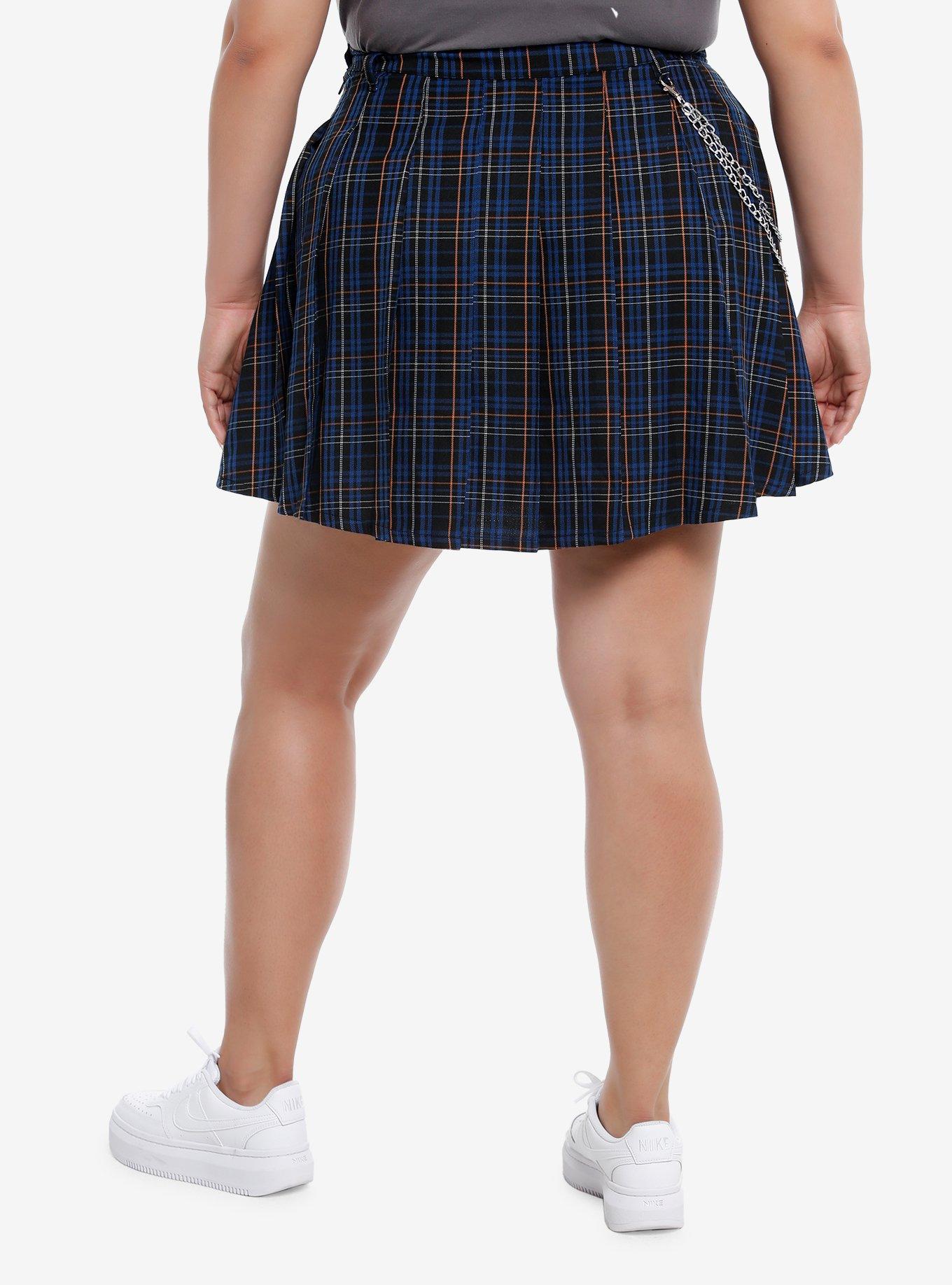 Social Collision® Blue & Orange Plaid Pleated Skirt With Chain Plus Size