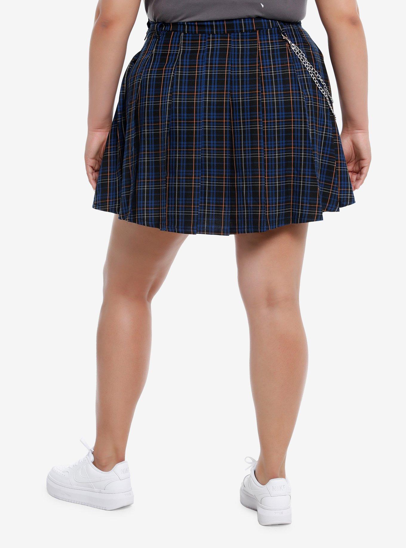 Social Collision® Blue & Orange Plaid Pleated Skirt With Chain Plus Size, BLUE, alternate