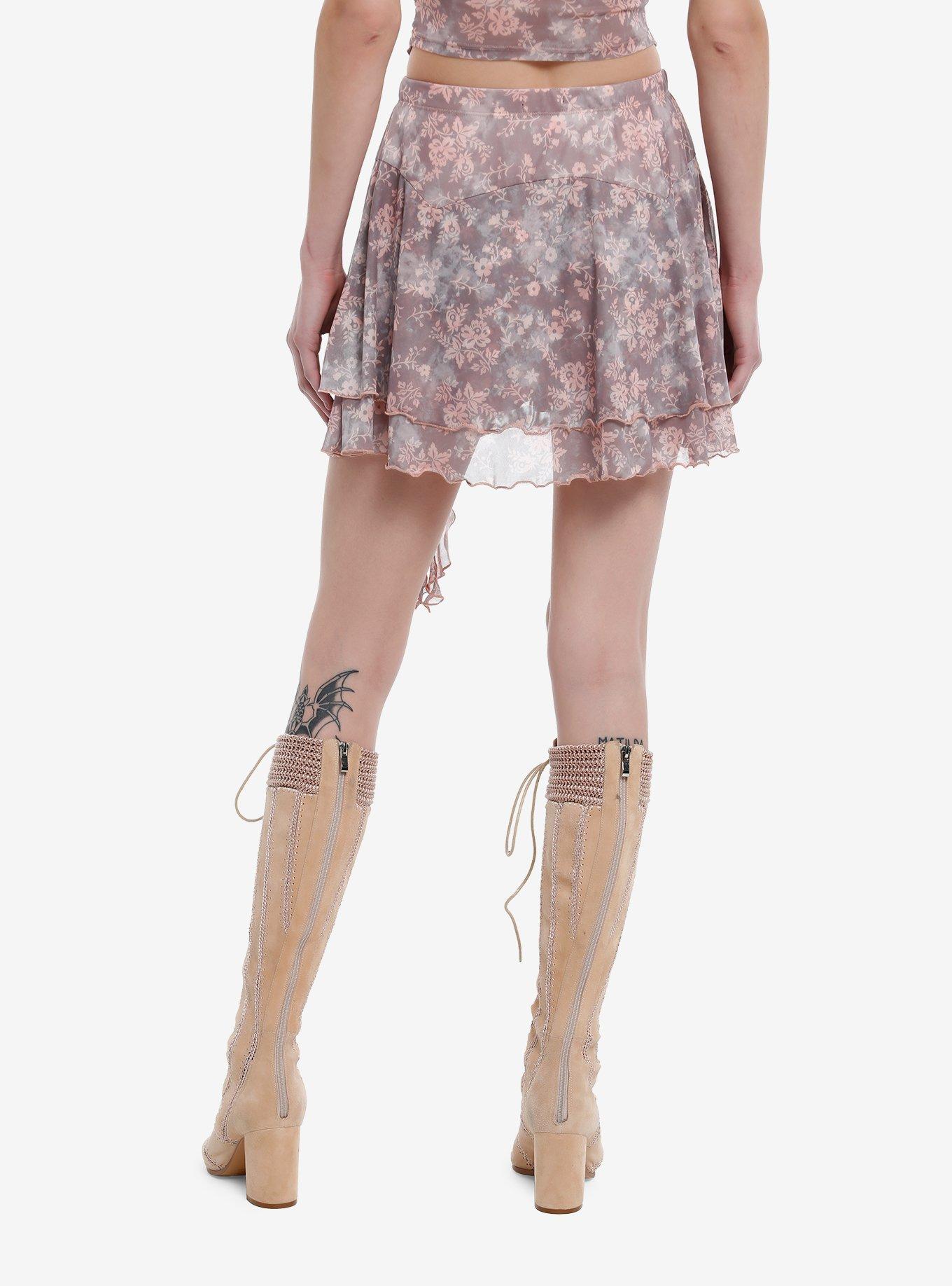 Thorn & Fable Pink & Brown Floral Hanky Hem Mesh Skirt, , hi-res