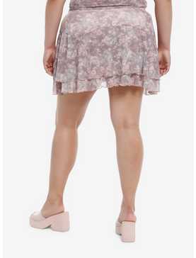 Thorn & Fable Pink & Brown Floral Hanky Hem Mesh Skirt Plus Size, , hi-res