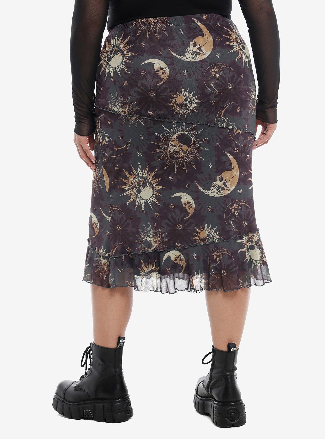 Cosmic Aura® Celestial Skull Asymmetrical Midi Skirt Plus Size, GOLD, alternate
