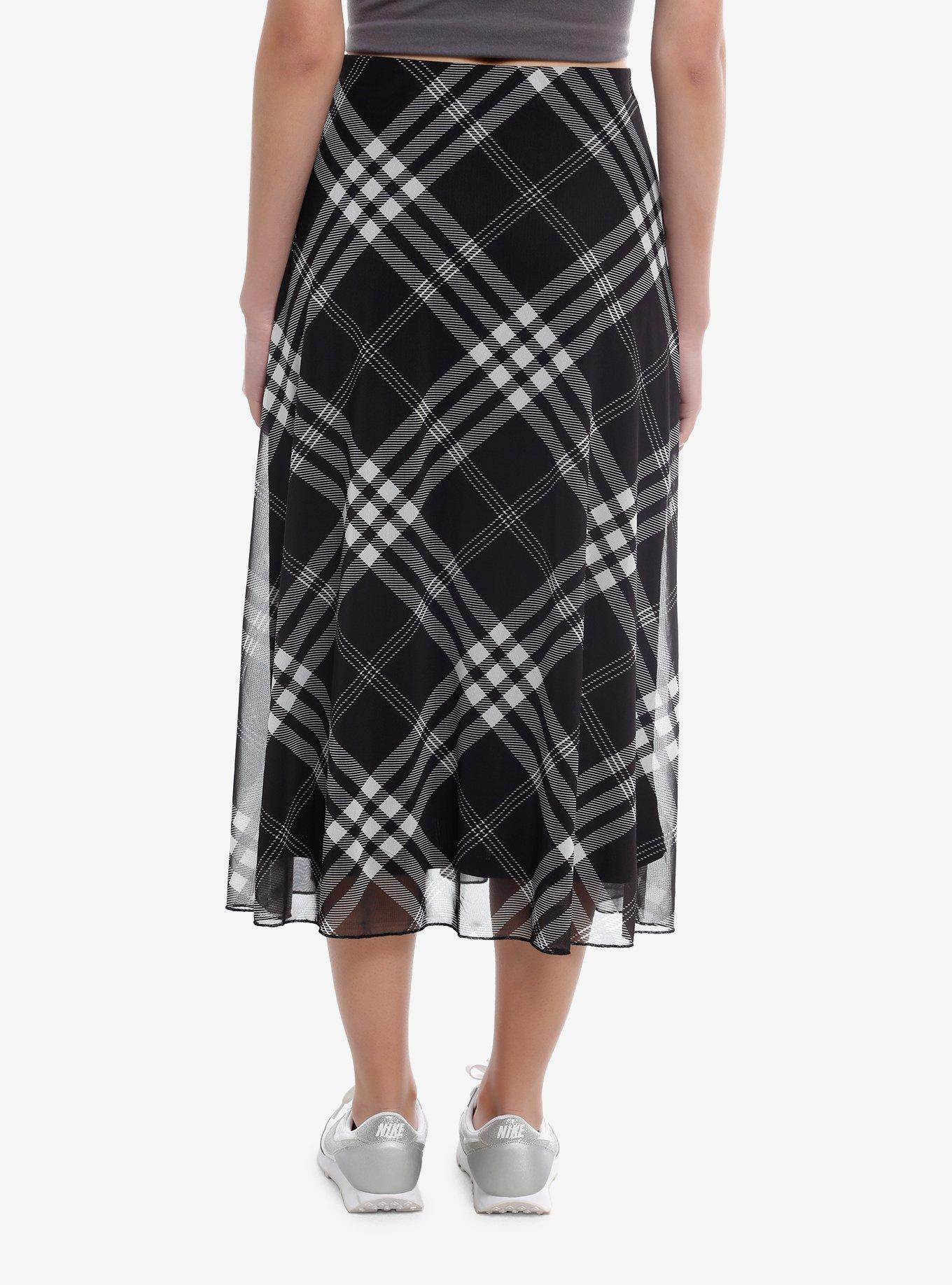 Social Collision® Black & White Plaid Mesh Midi Skirt, , hi-res