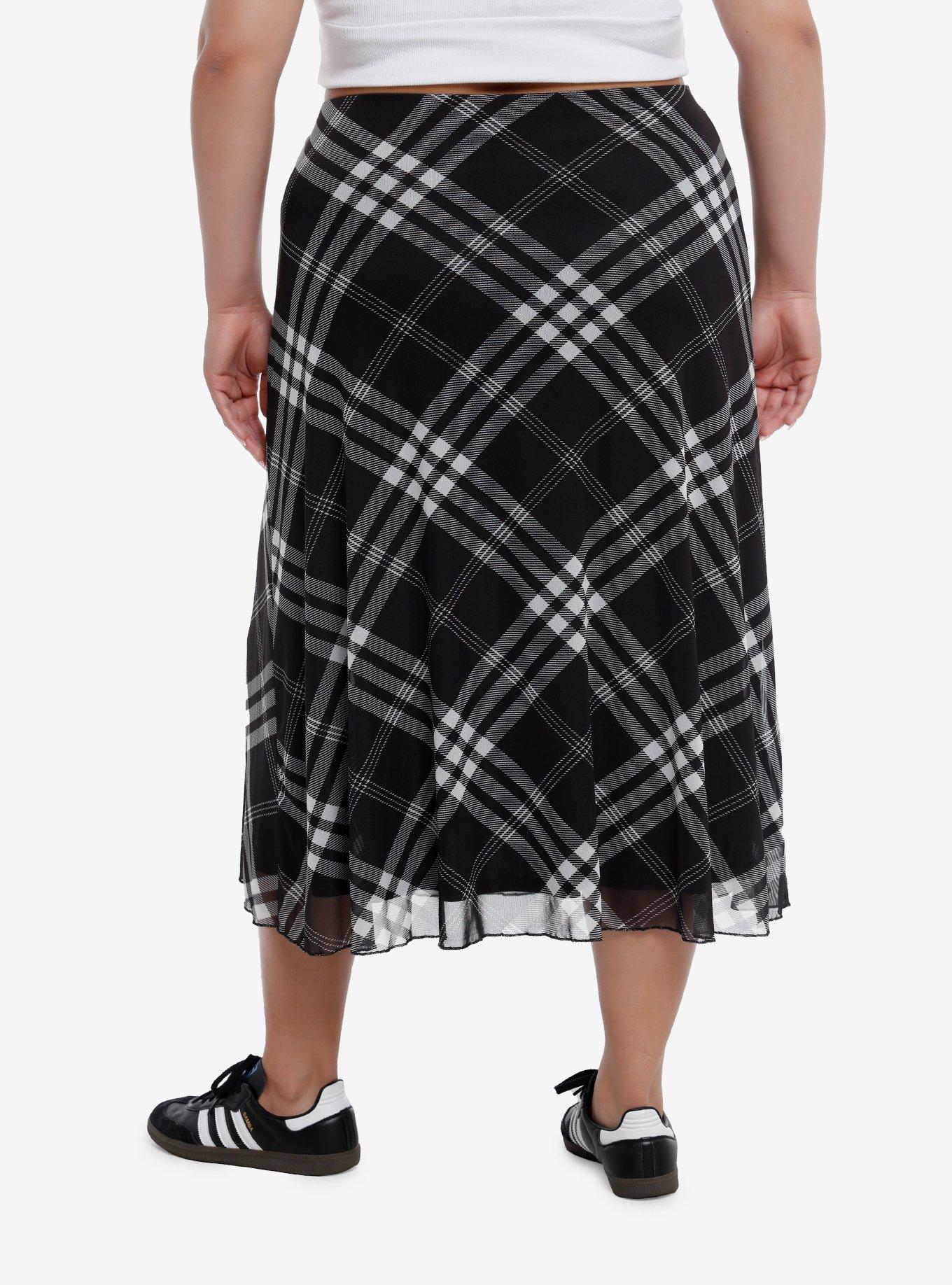 Social Collision® Black & White Plaid Mesh Midi Skirt Plus Size, , alternate