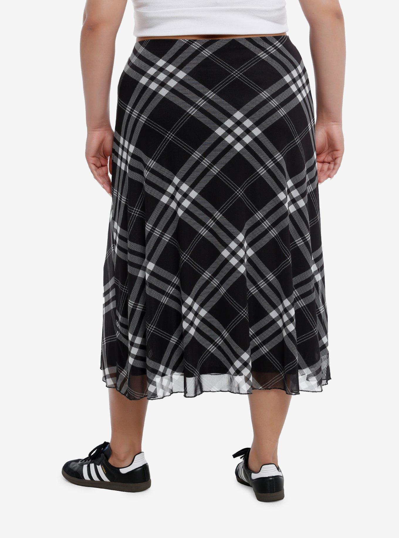 Social Collision® Black & White Plaid Mesh Midi Skirt Plus Size, , hi-res