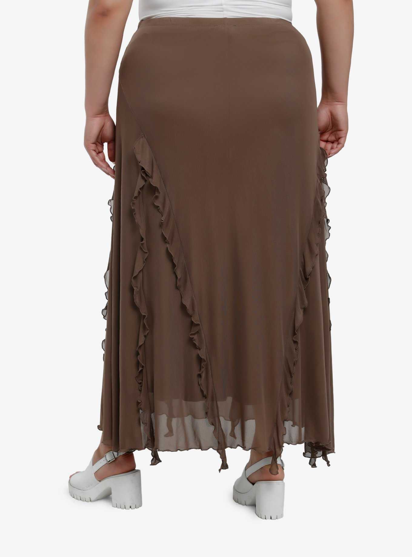 Thorn & Fable Brown Ruffle Maxi Skirt Plus Size, , hi-res