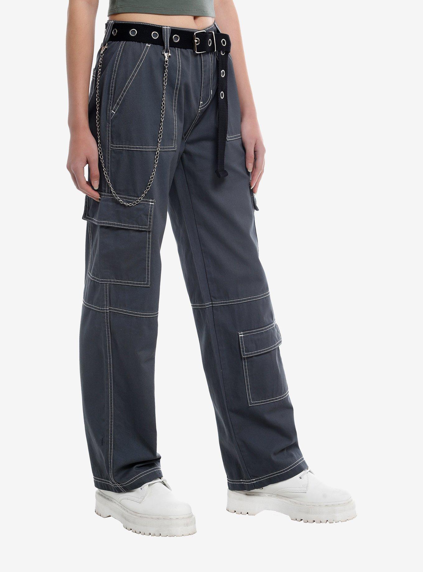 Blue Side Chain Carpenter Pants With Belt, BLACK, alternate