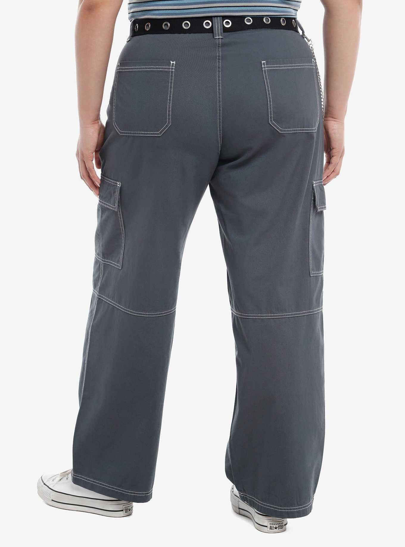 Blue Side Chain Carpenter Pants With Belt Plus Size, , hi-res