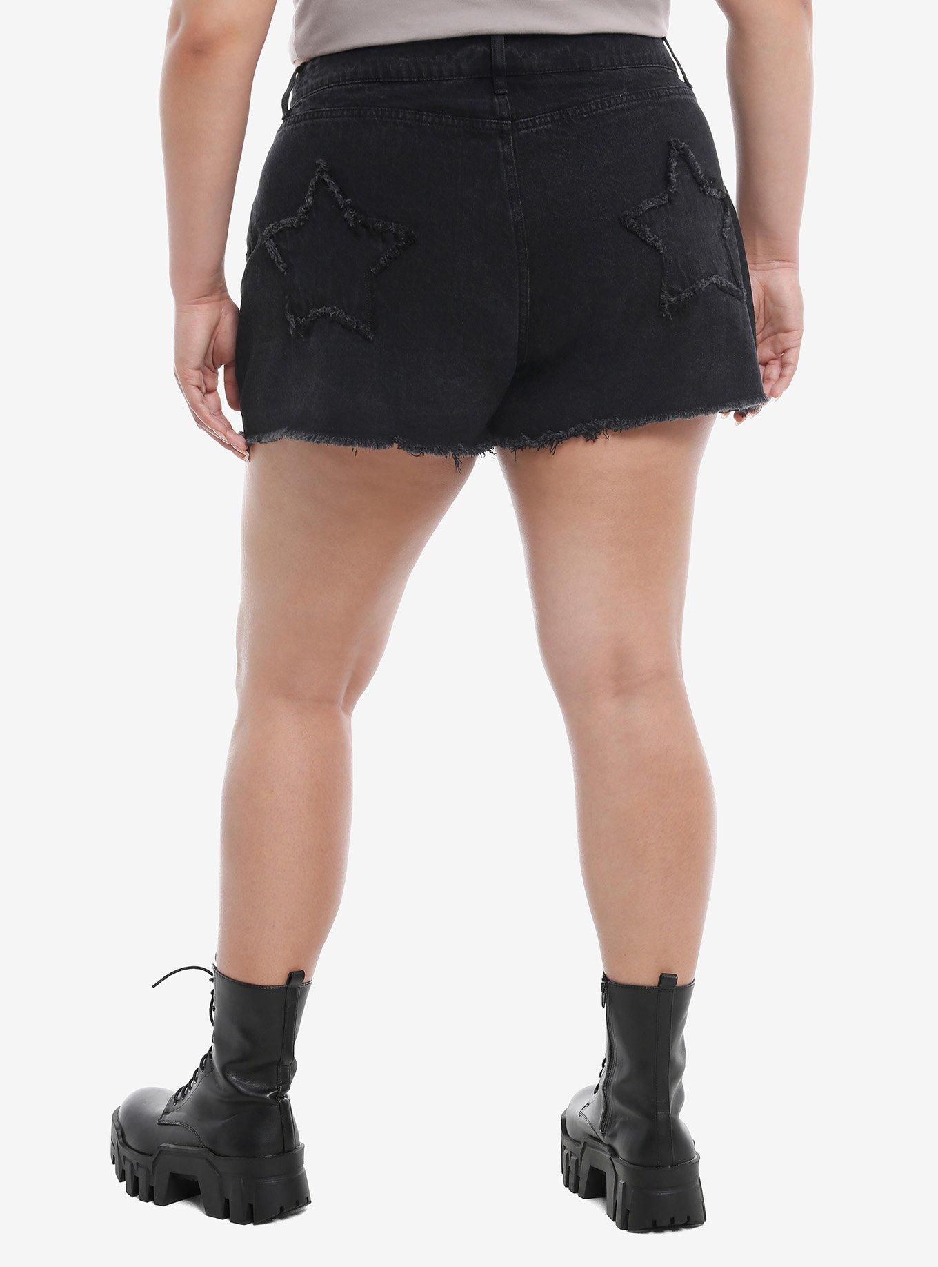 Social Collision Black Star Patch Girls Denim Shorts Plus Size, DARK BLUE, alternate