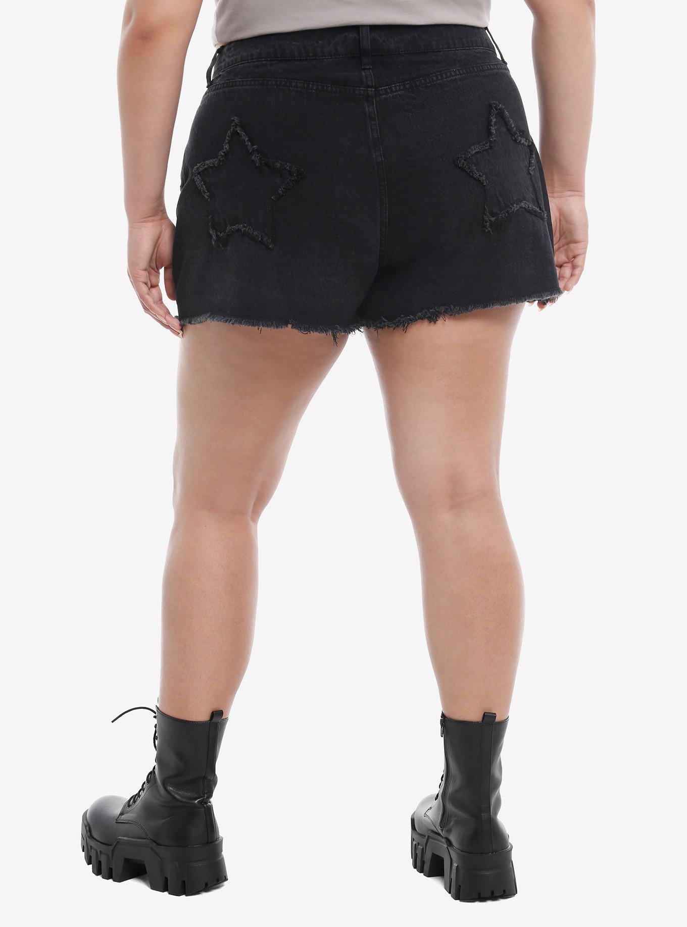 Black Star Patch Girls Denim Shorts Plus Size, DARK BLUE, alternate
