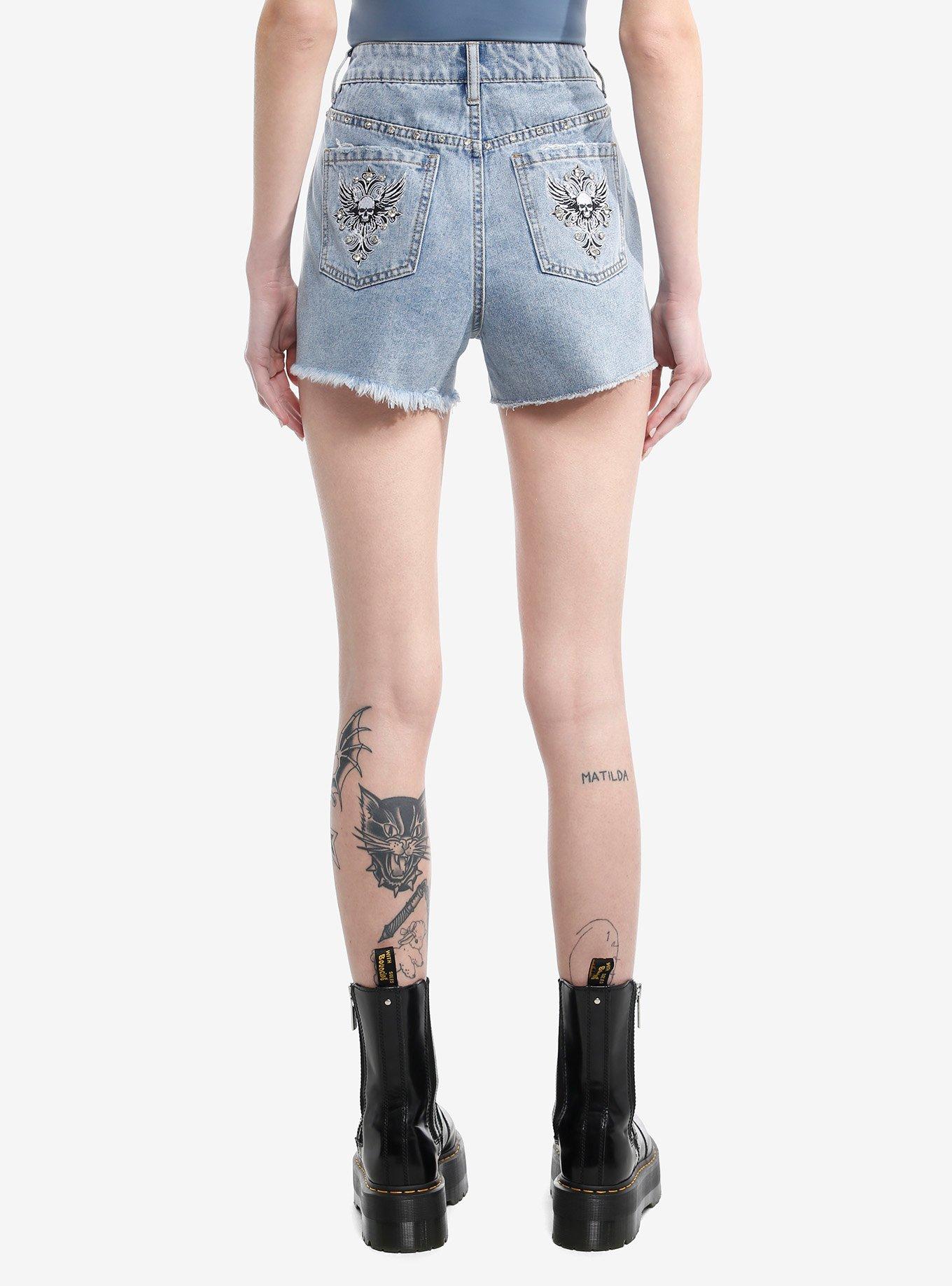 Skull Rhinestone Stud Denim Shorts, INDIGO, alternate