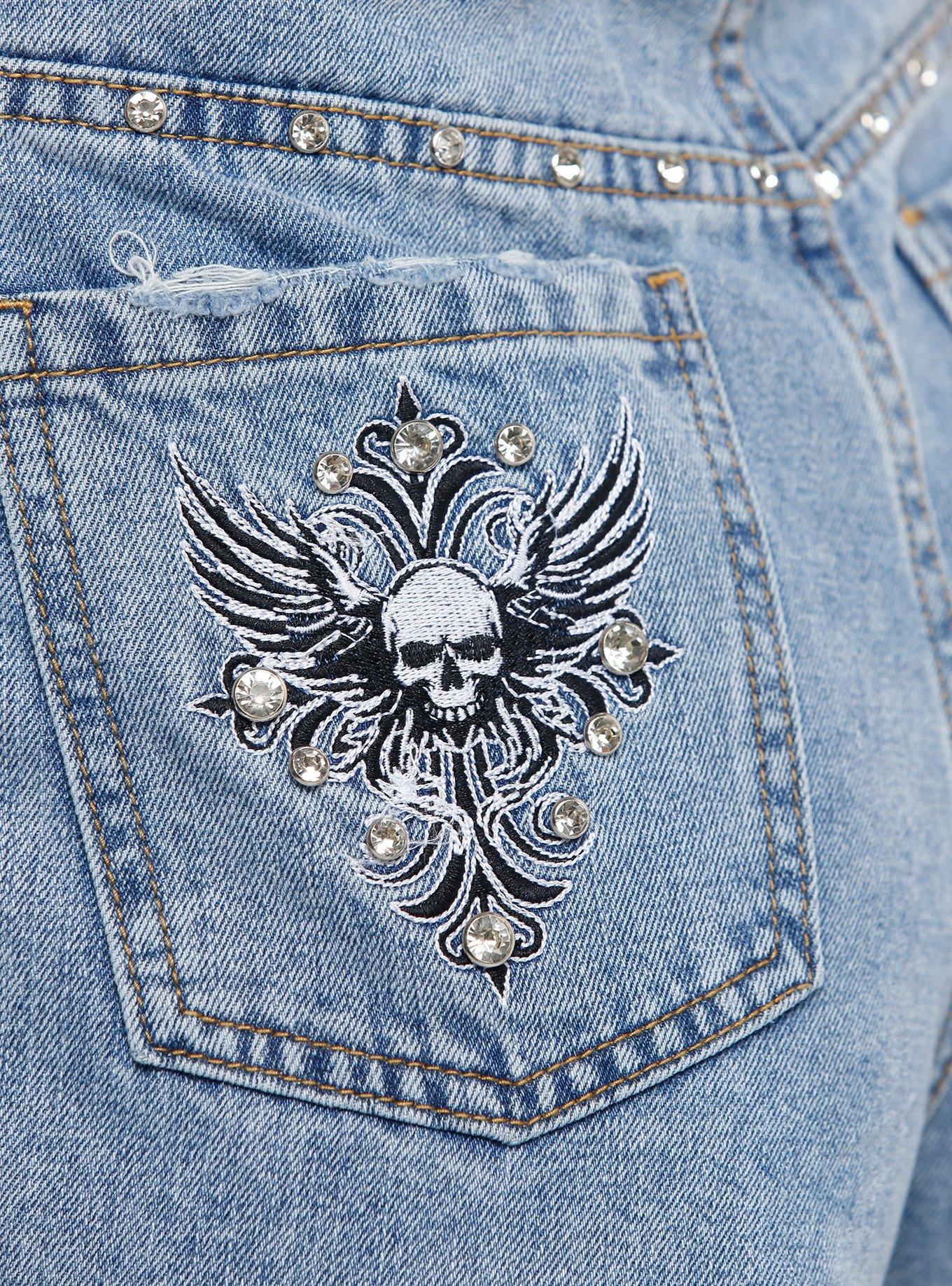 Skull Rhinestone Stud Denim Shorts, INDIGO, alternate