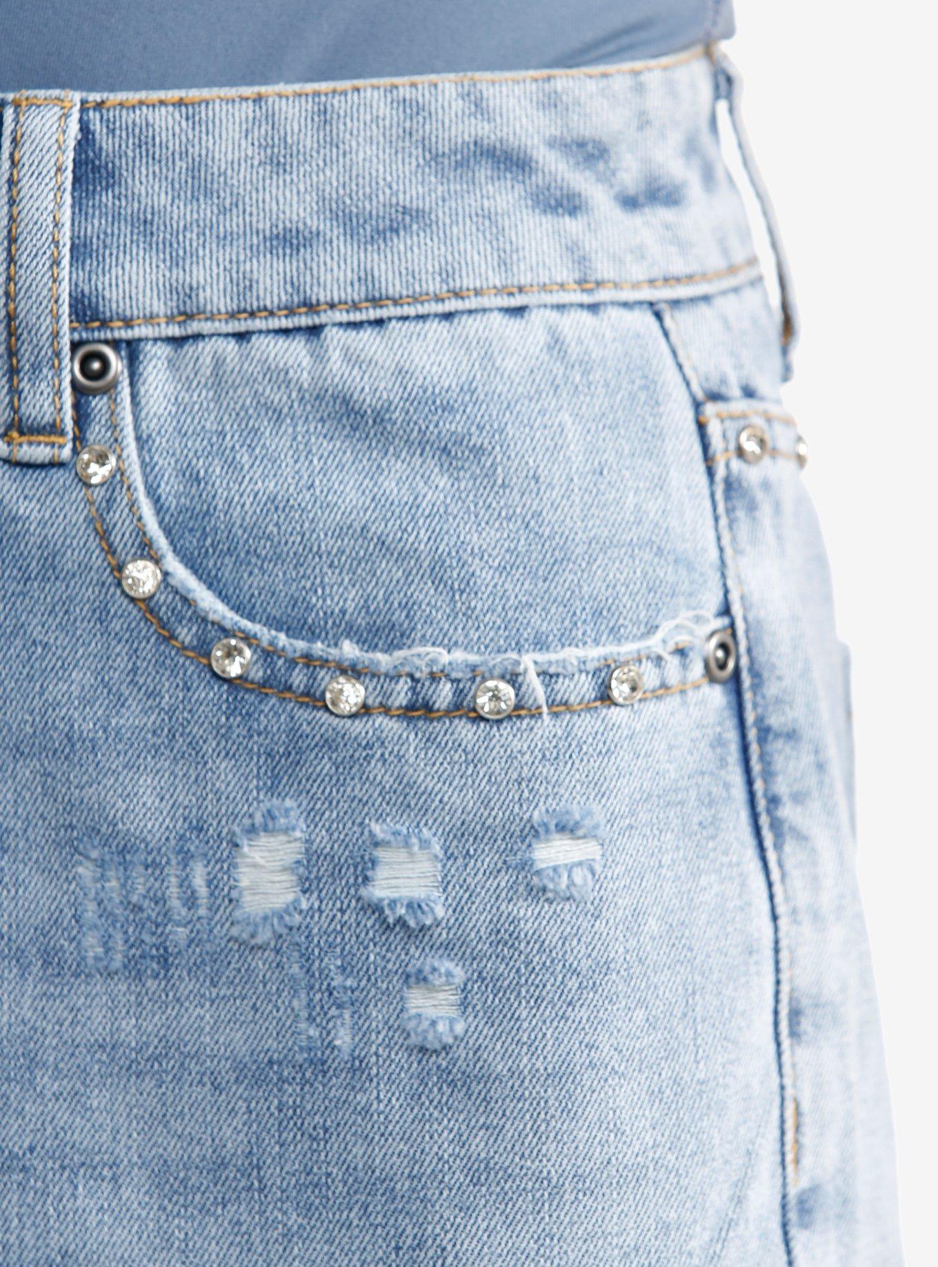 Skull Rhinestone Stud Denim Shorts, INDIGO, alternate