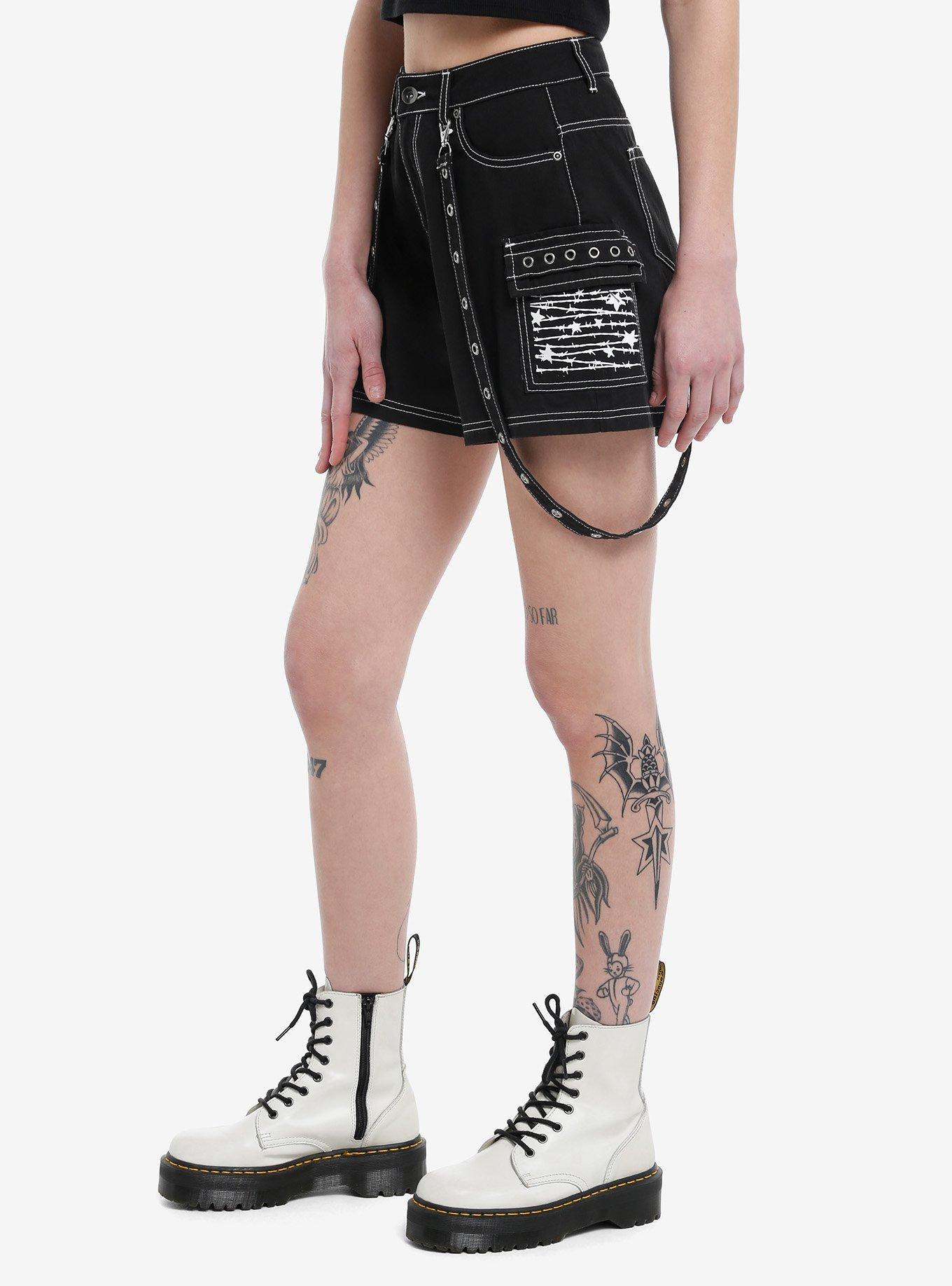 Black Skull & Barb Wire Girls Cargo Shorts, , alternate