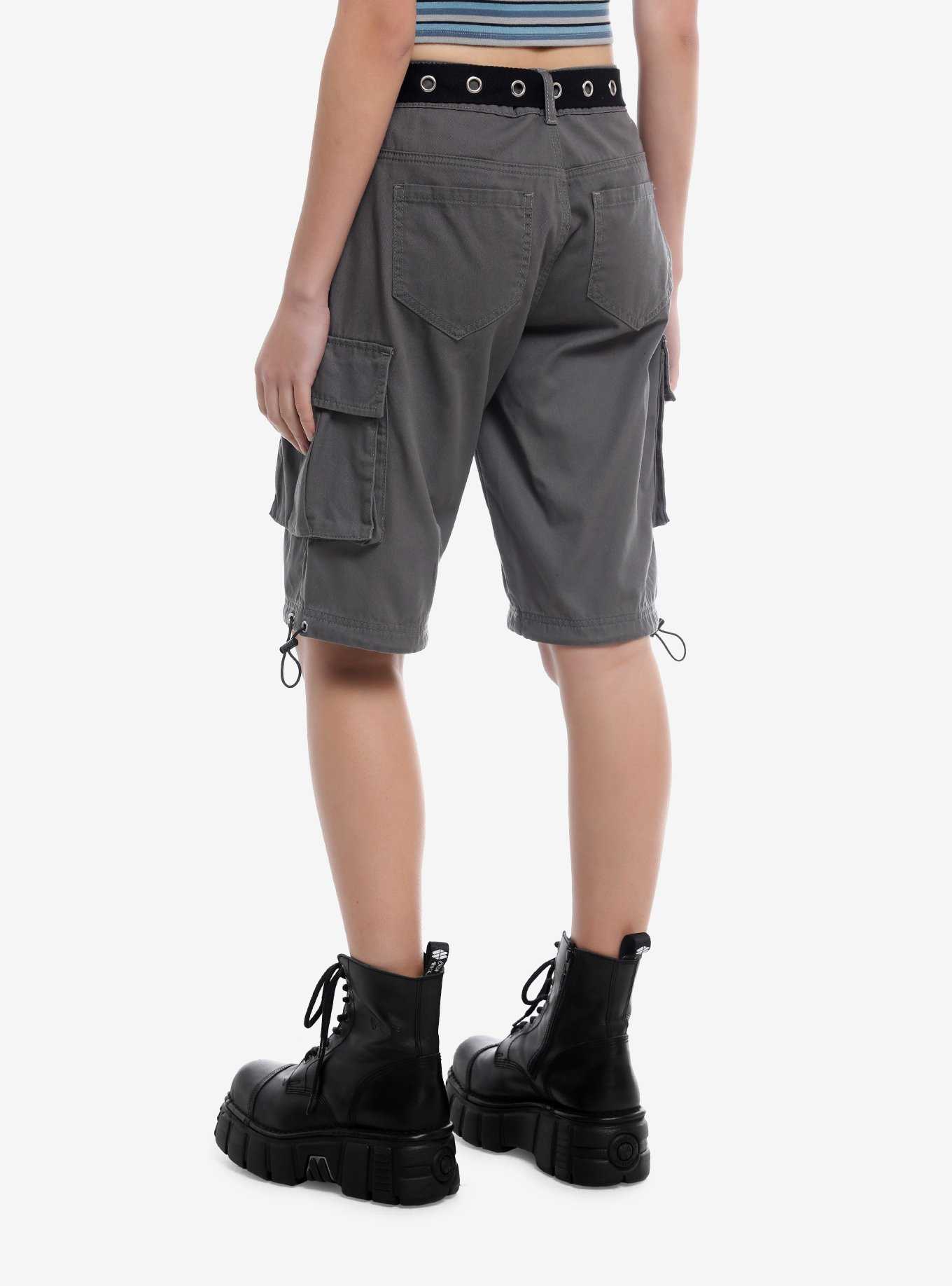 Grey Cargo Shorts With Grommet Belt, , hi-res