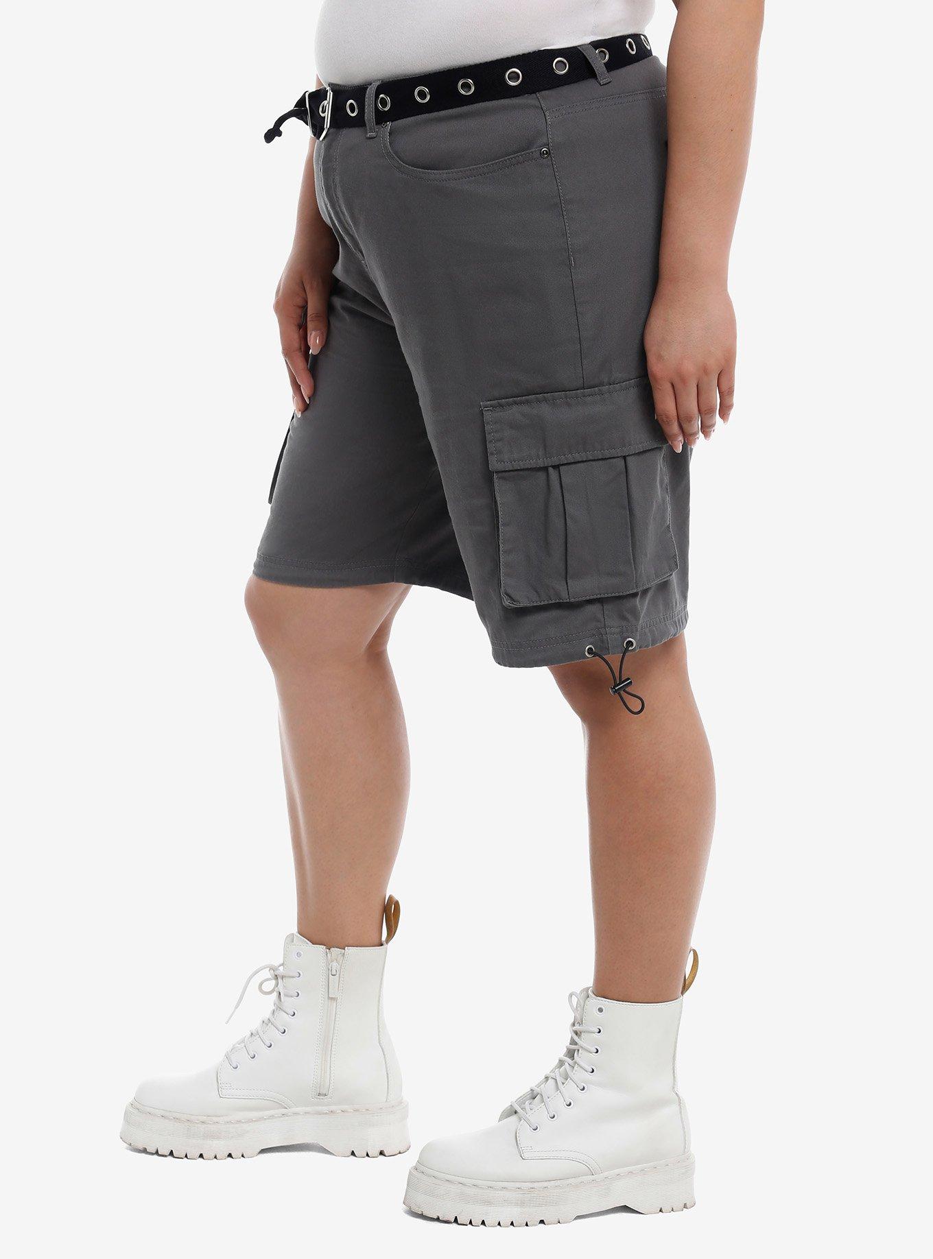 Grey Cargo Shorts With Grommet Belt Plus Size, DARK BLUE, alternate