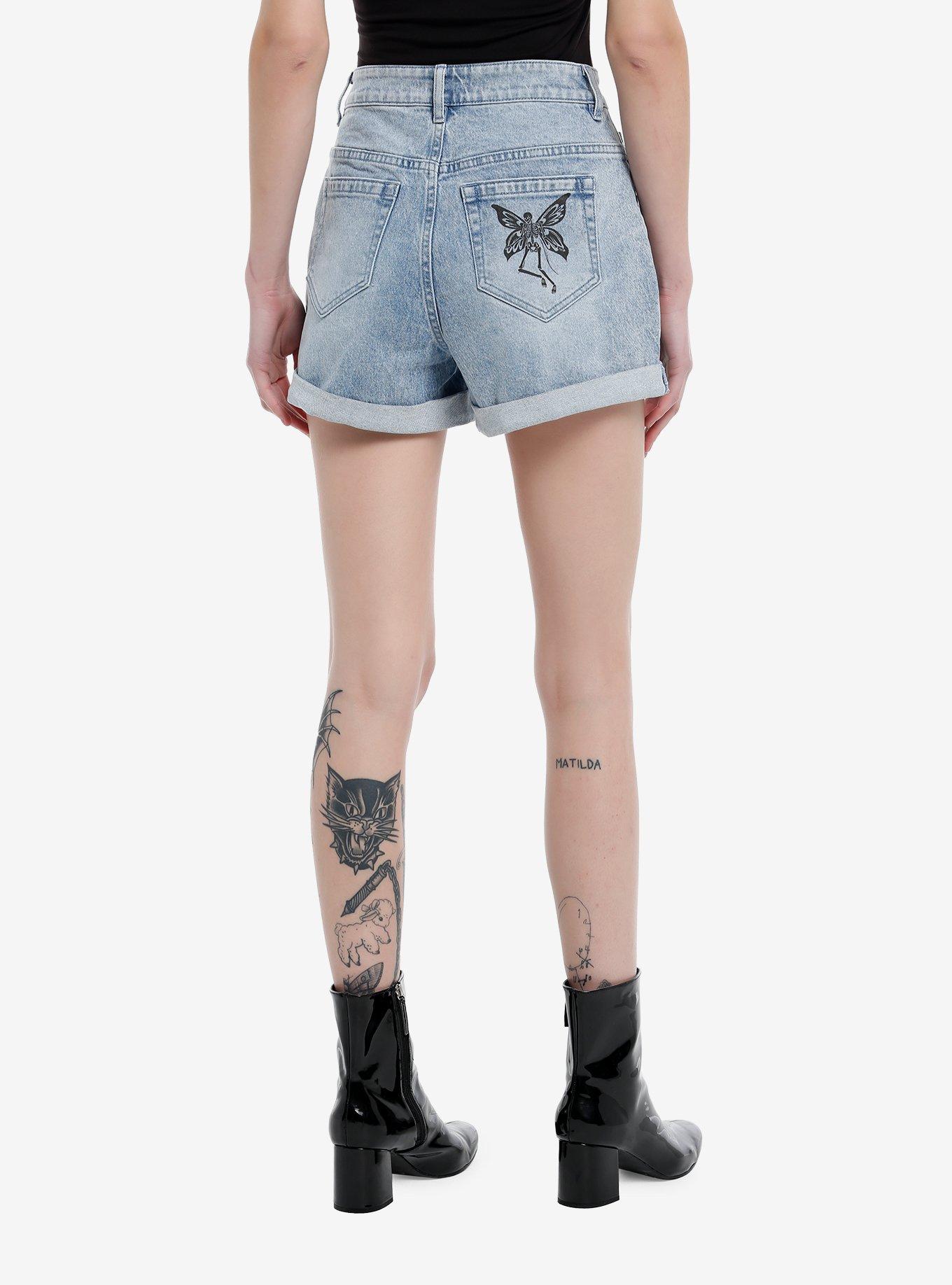 Thorn & Fable® Skull Fairy High-Waisted Denim Shorts, , hi-res