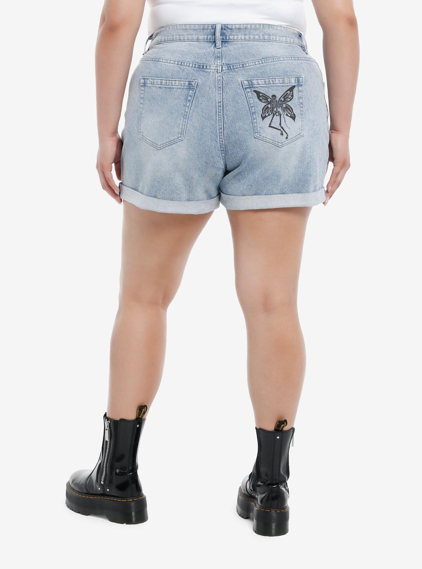 Thorn & Fable Skull Fairy High-Waisted Denim Shorts Plus Size, INDIGO, alternate