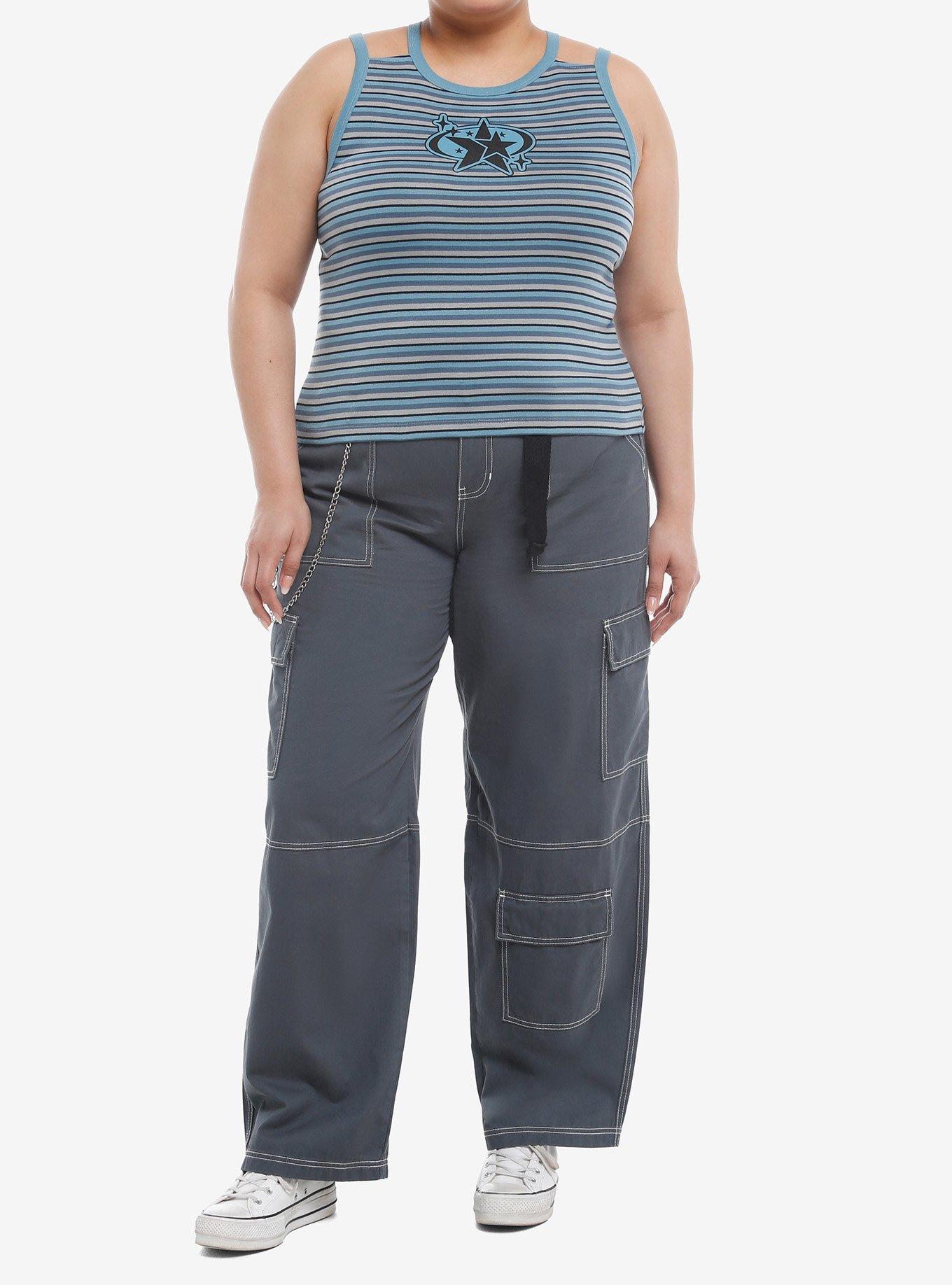 Social Collision&reg; Blue & Grey Stripe Stars Double-Strap Girls Tank Top Plus Size, GREY, alternate