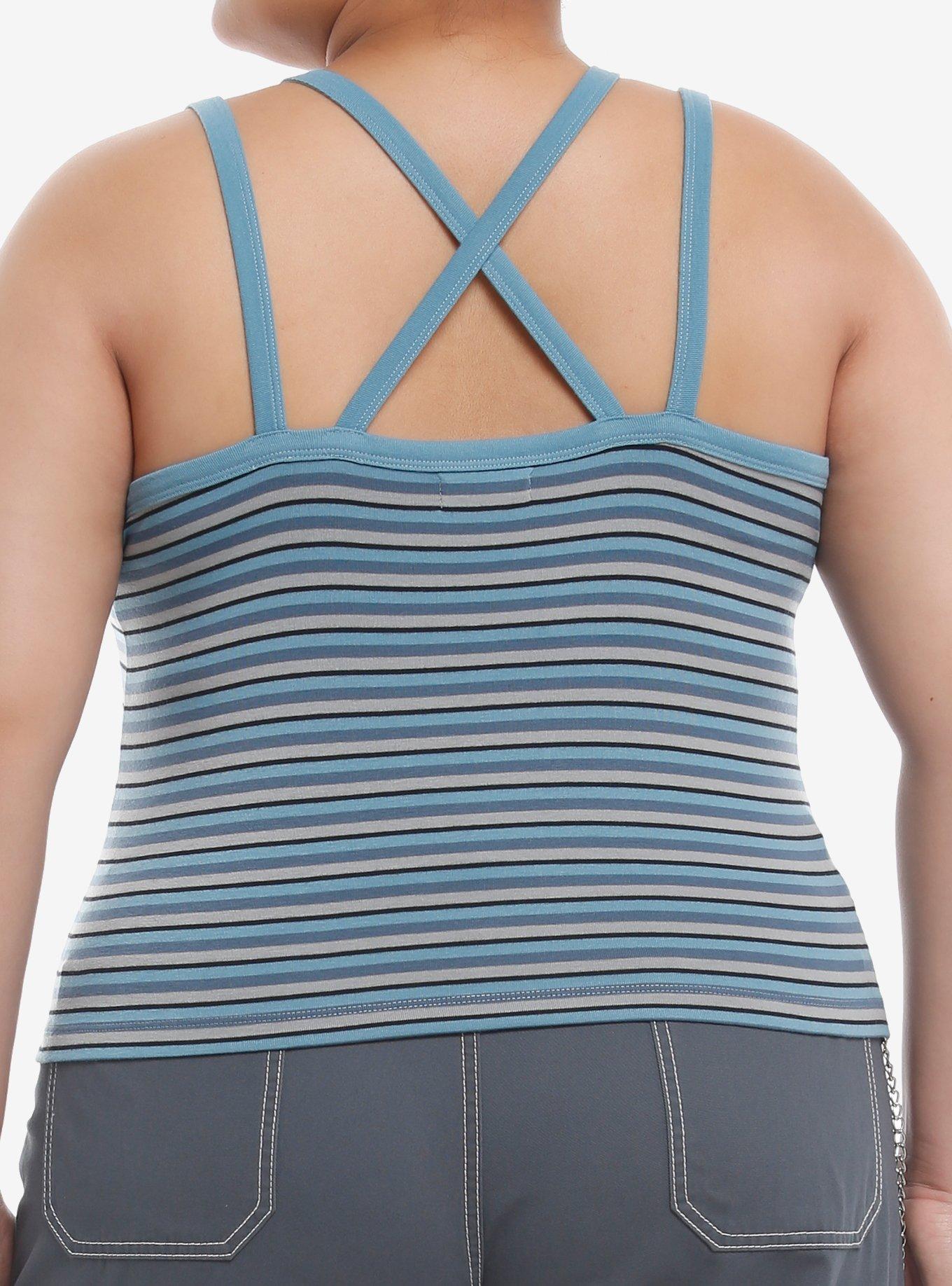 Social Collision&reg; Blue & Grey Stripe Stars Double-Strap Girls Tank Top Plus Size, GREY, alternate
