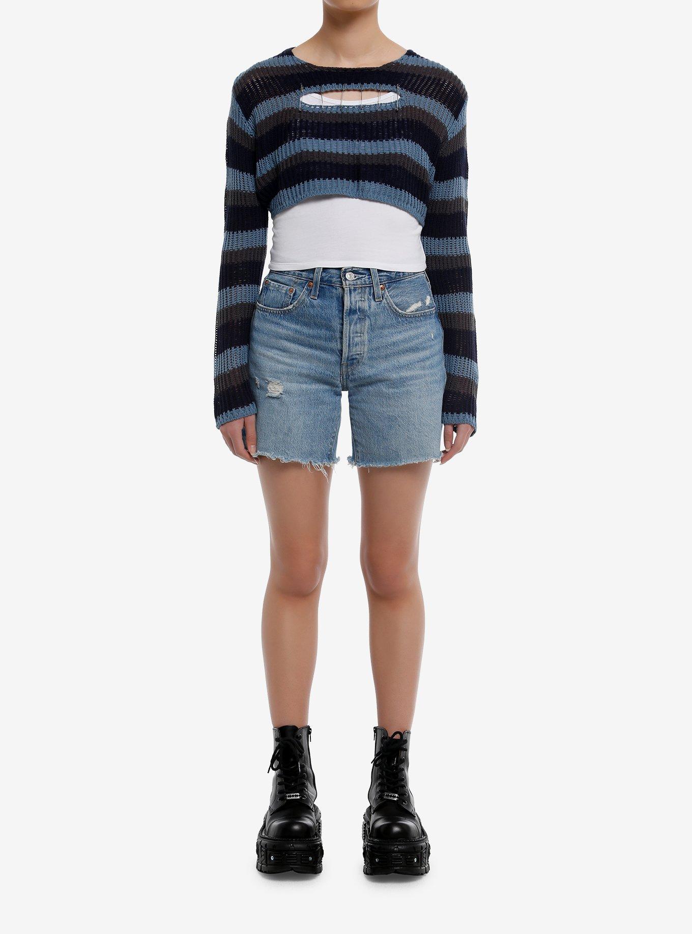 Social Collision® Blue & Grey Stripe Safety Pin Bolero Girls Crop Sweater