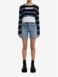 Social Collision® Blue & Grey Stripe Safety Pin Bolero Girls Crop Sweater, NAVY, alternate