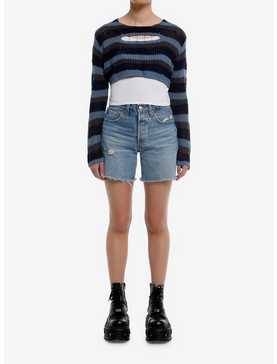 Social Collision® Blue & Grey Stripe Safety Pin Bolero Girls Crop Sweater, , hi-res