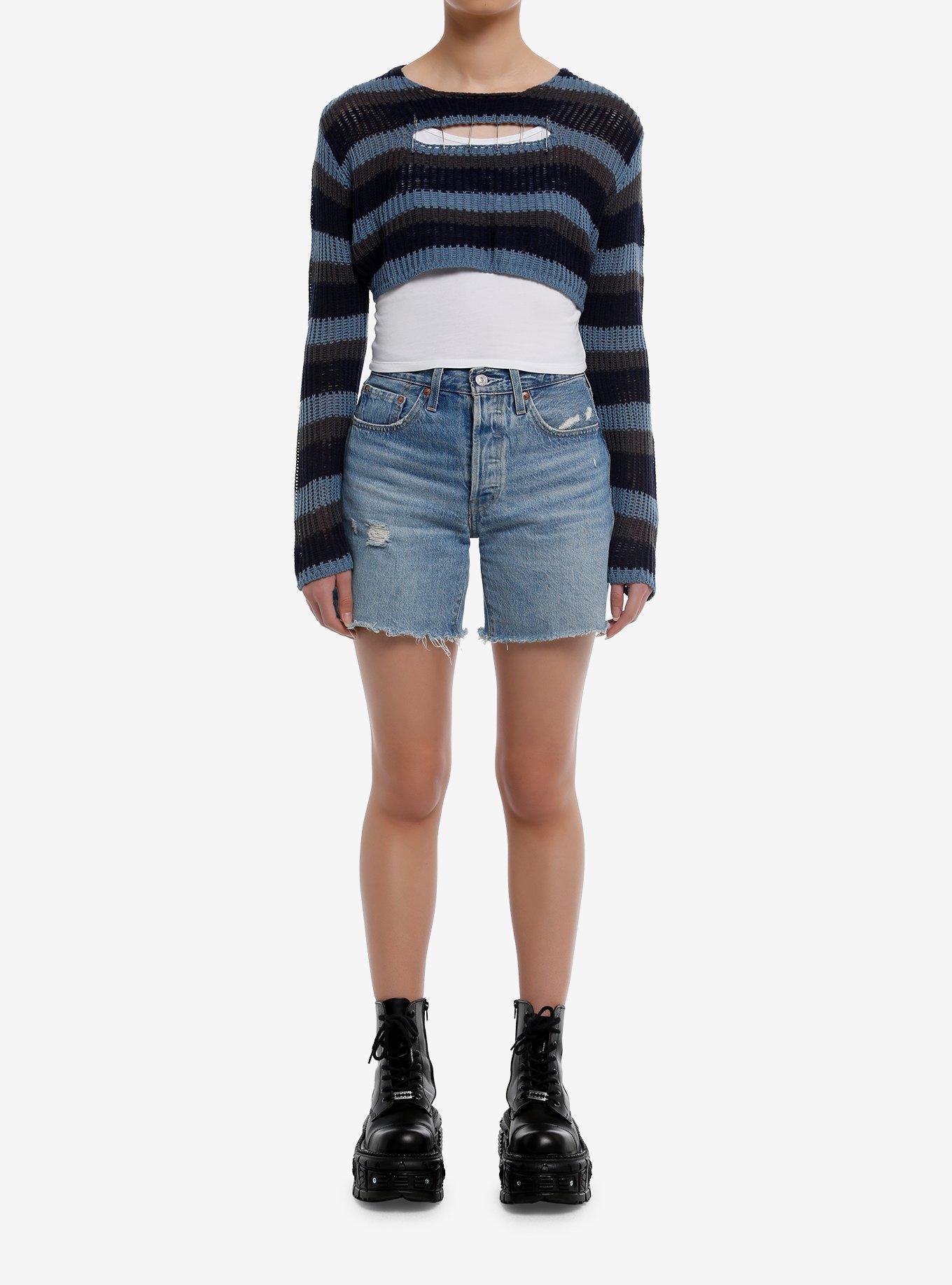 Social Collision Blue & Grey Stripe Safety Pin Bolero Girls Crop Sweater, , hi-res