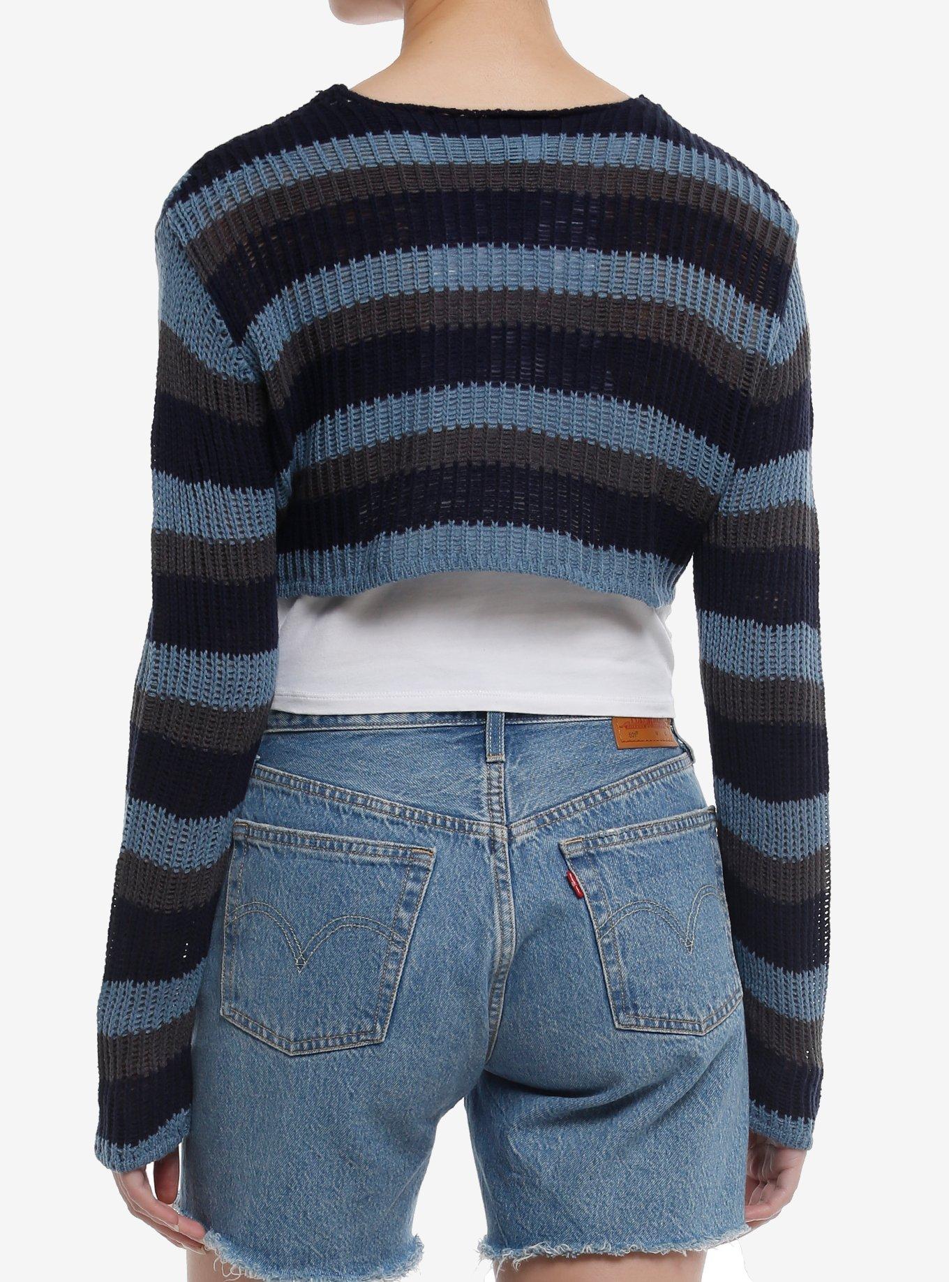Social Collision Blue & Grey Stripe Safety Pin Bolero Girls Crop Sweater