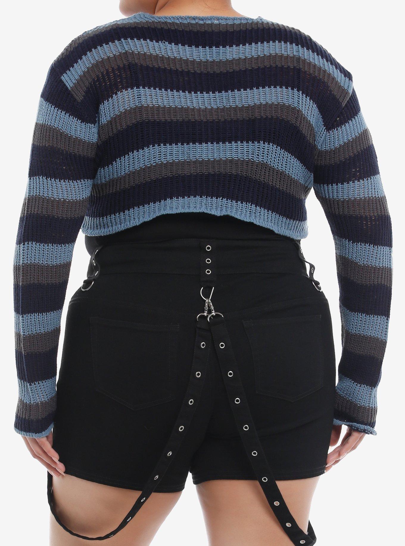 Social Collision® Blue & Grey Stripe Safety Pin Bolero Girls Crop Sweater Plus