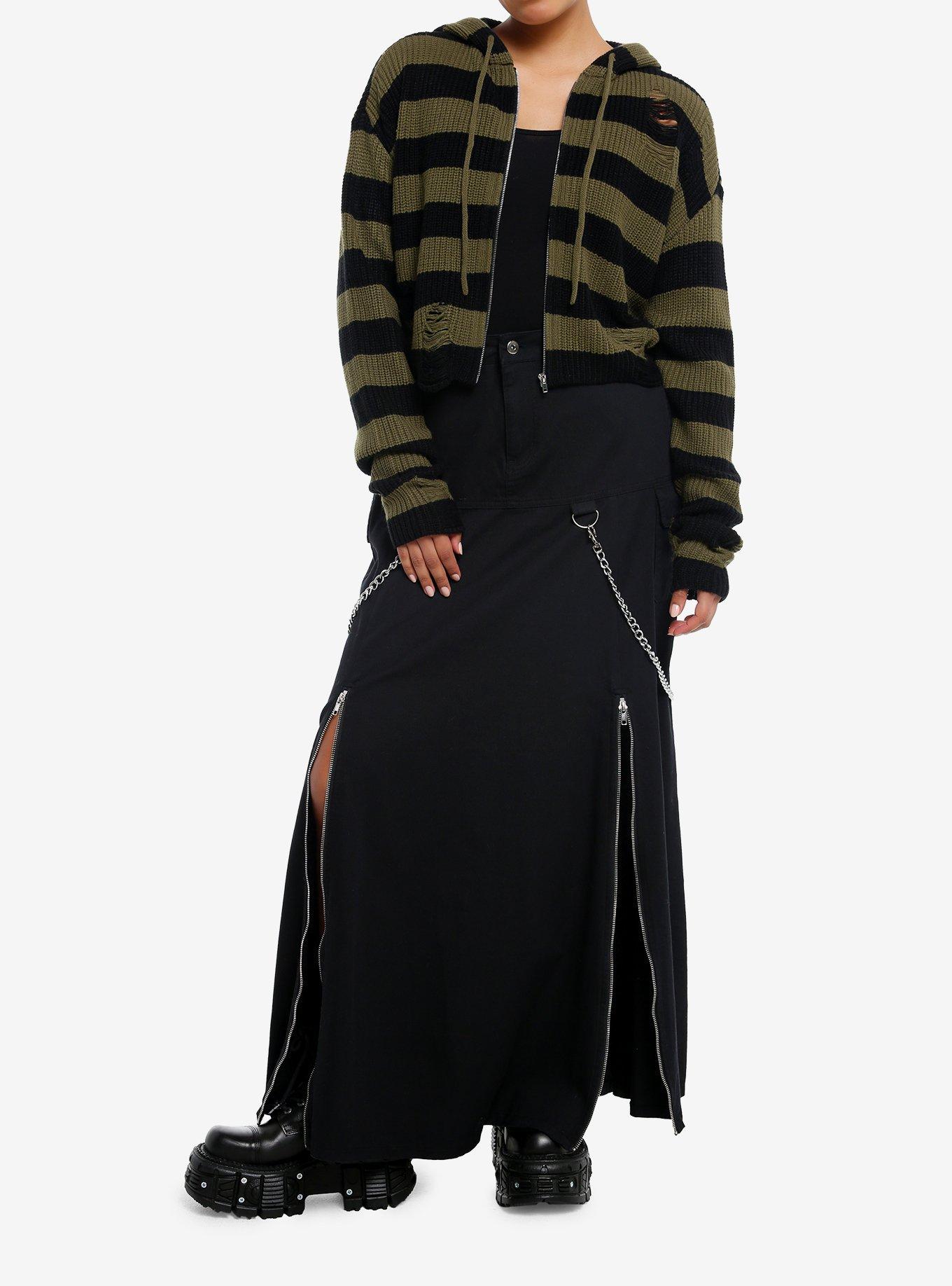 Black & Green Distressed Boxy Girls Crop Knit Hoodie