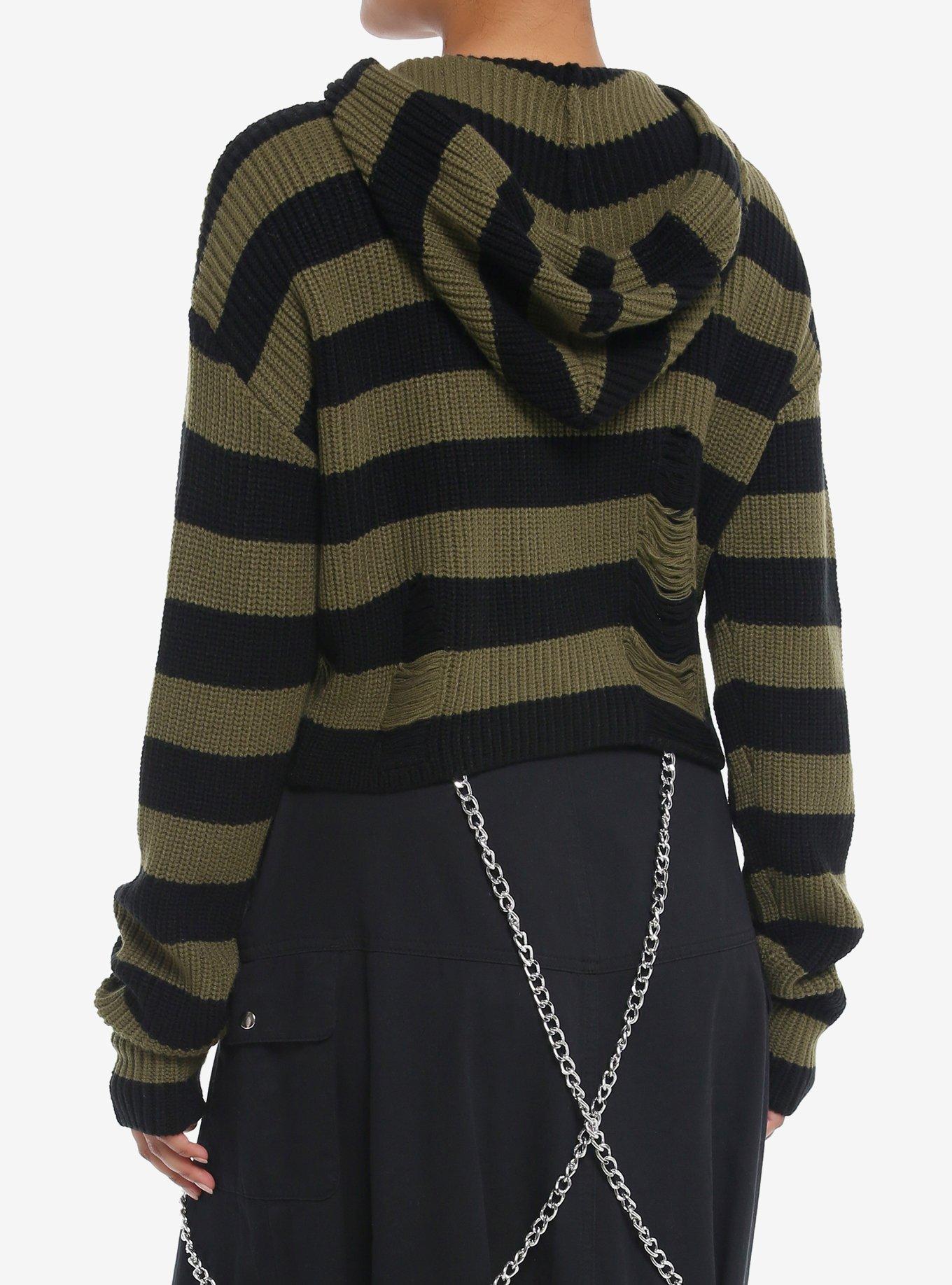 Black & Green Distressed Boxy Girls Crop Knit Hoodie