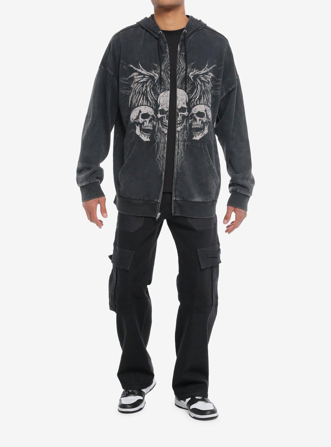 Social Collision® Triple Skull Wings Dark Wash Hoodie, GREY, alternate