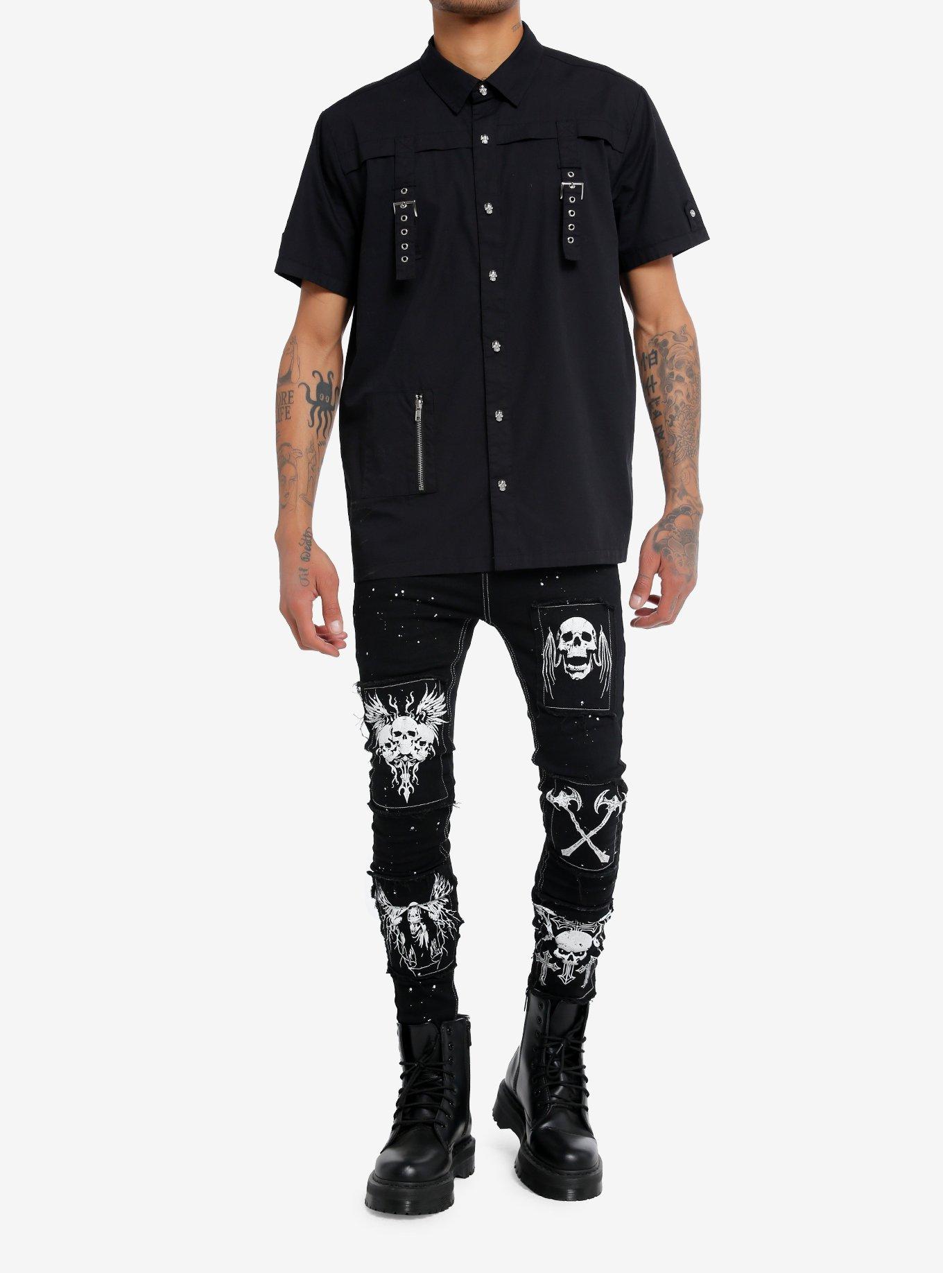 Cosmic Aura® Black Grommet Strap Woven Button-Up, , hi-res
