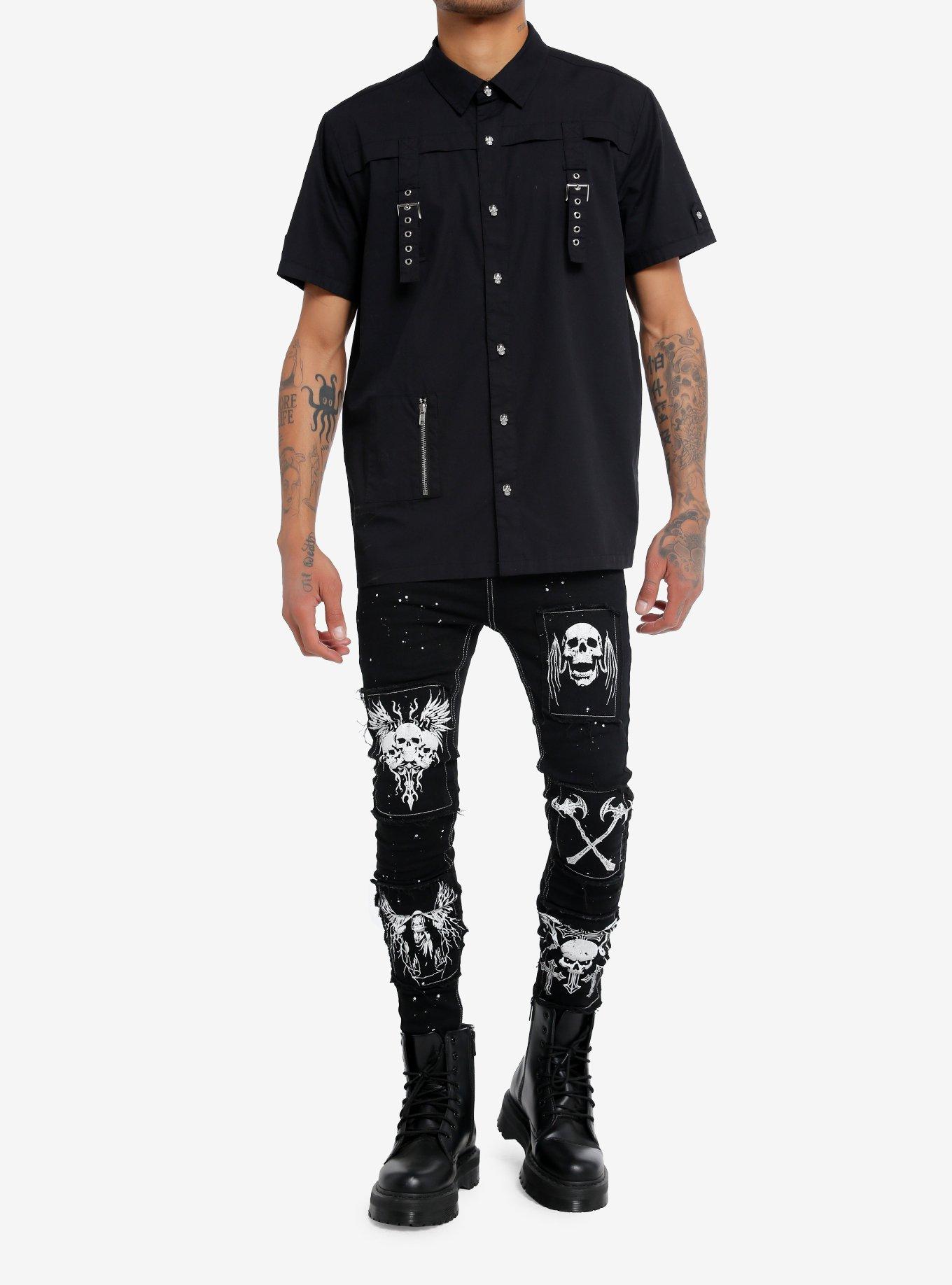 Cosmic Aura® Black Grommet Strap Woven Button-Up, BLACK, alternate