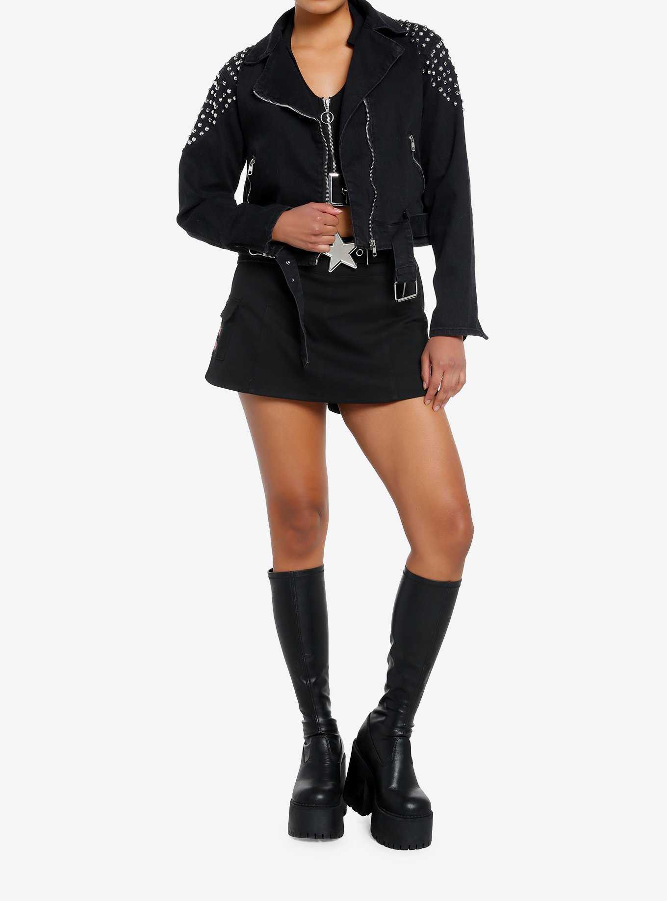 Black Denim Embellished Girls Moto Jacket, , hi-res