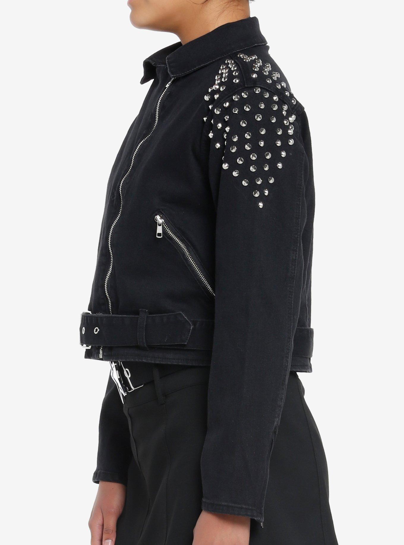 Black Denim Embellished Girls Moto Jacket