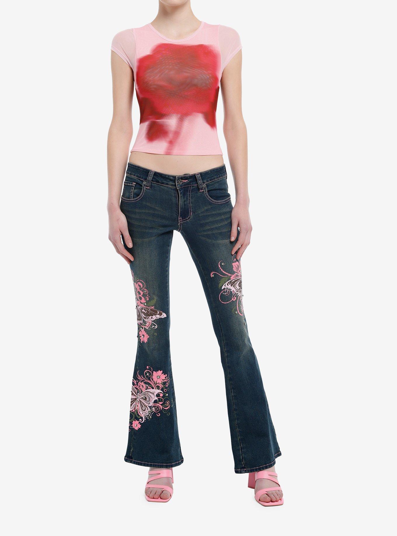 Rose Blurry Mesh Girls Crop Top