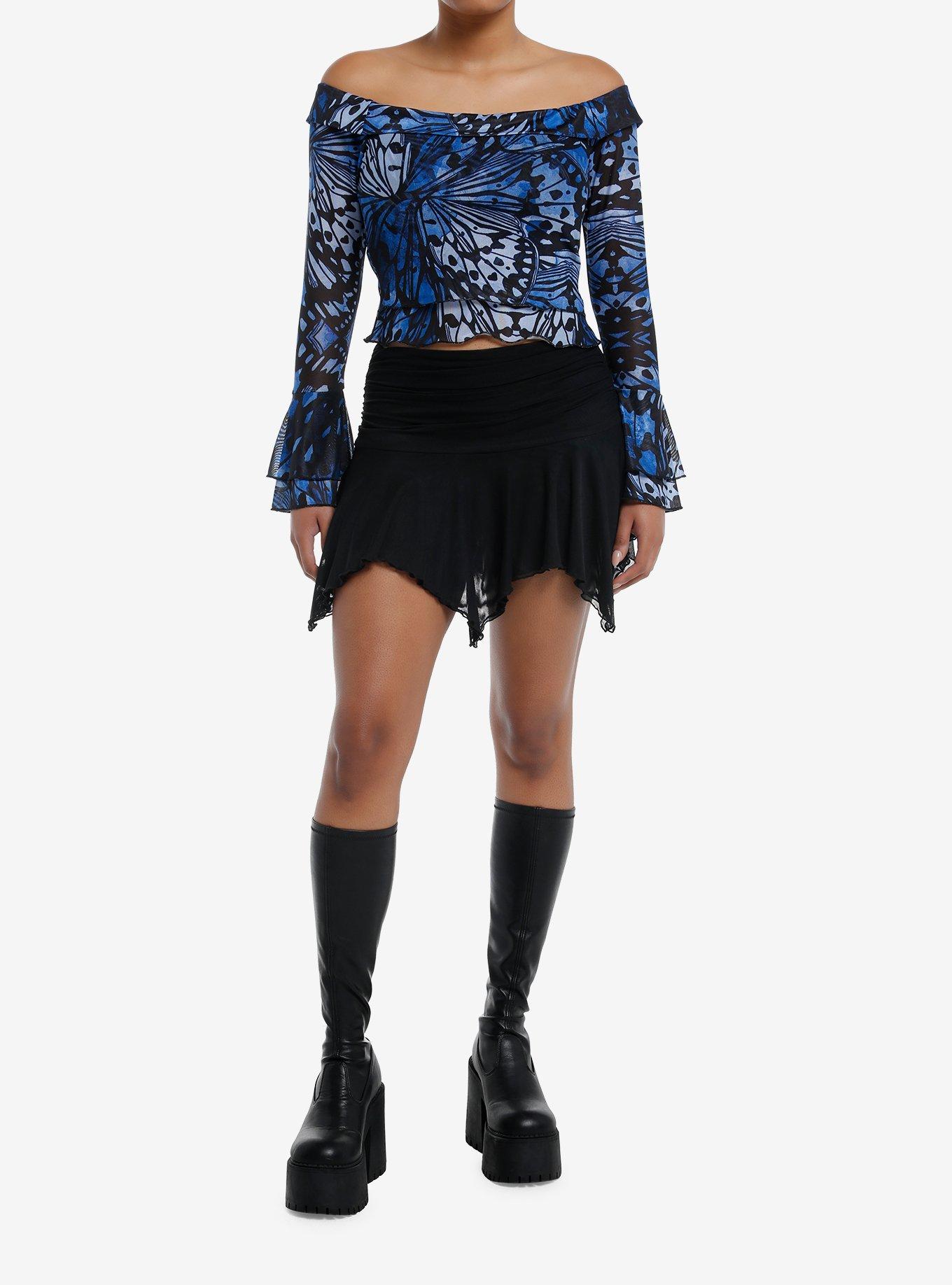 Thorn & Fable Black & Blue Butterfly Ruffle Girls Long-Sleeve Top, BLACK, alternate