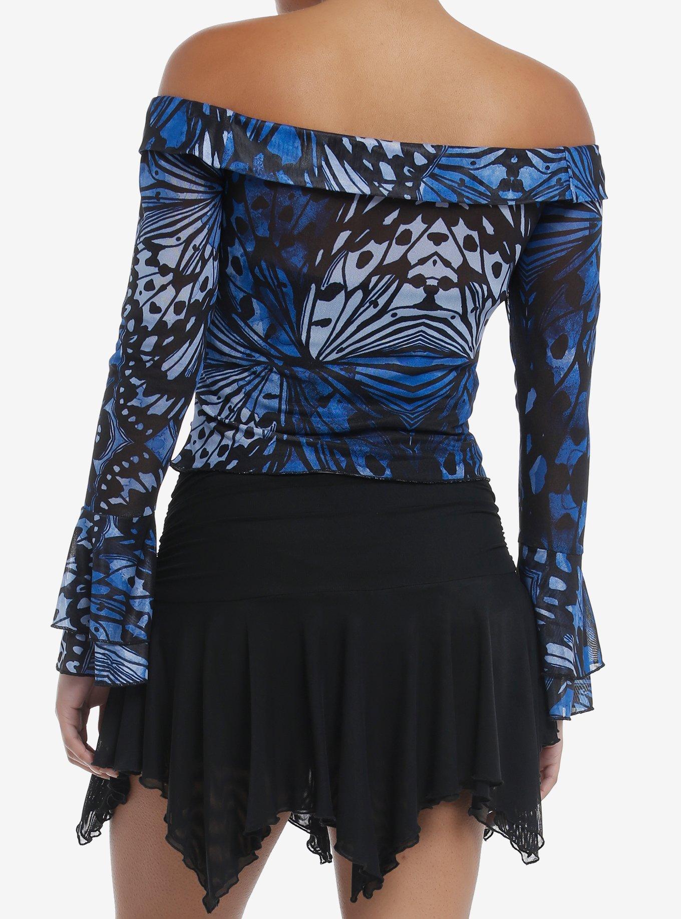 Thorn & Fable Black & Blue Butterfly Ruffle Girls Long-Sleeve Top, BLACK, alternate
