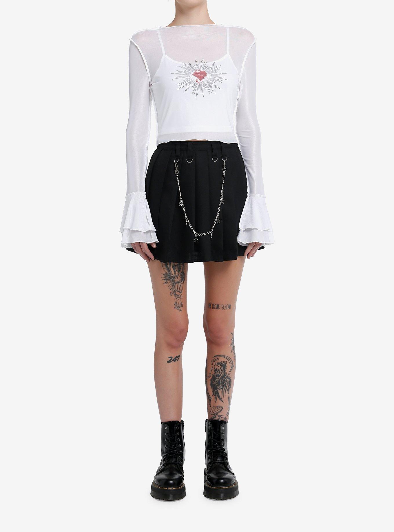 White Mesh Heart Girls Twofer Long-Sleeve Top, , hi-res
