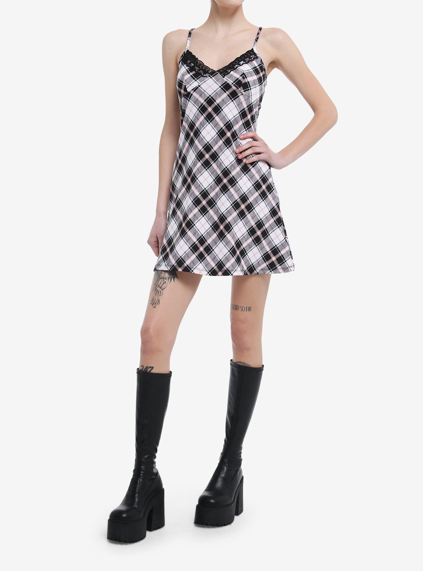 Black & Pink Plaid Lace Slip Dress, , alternate