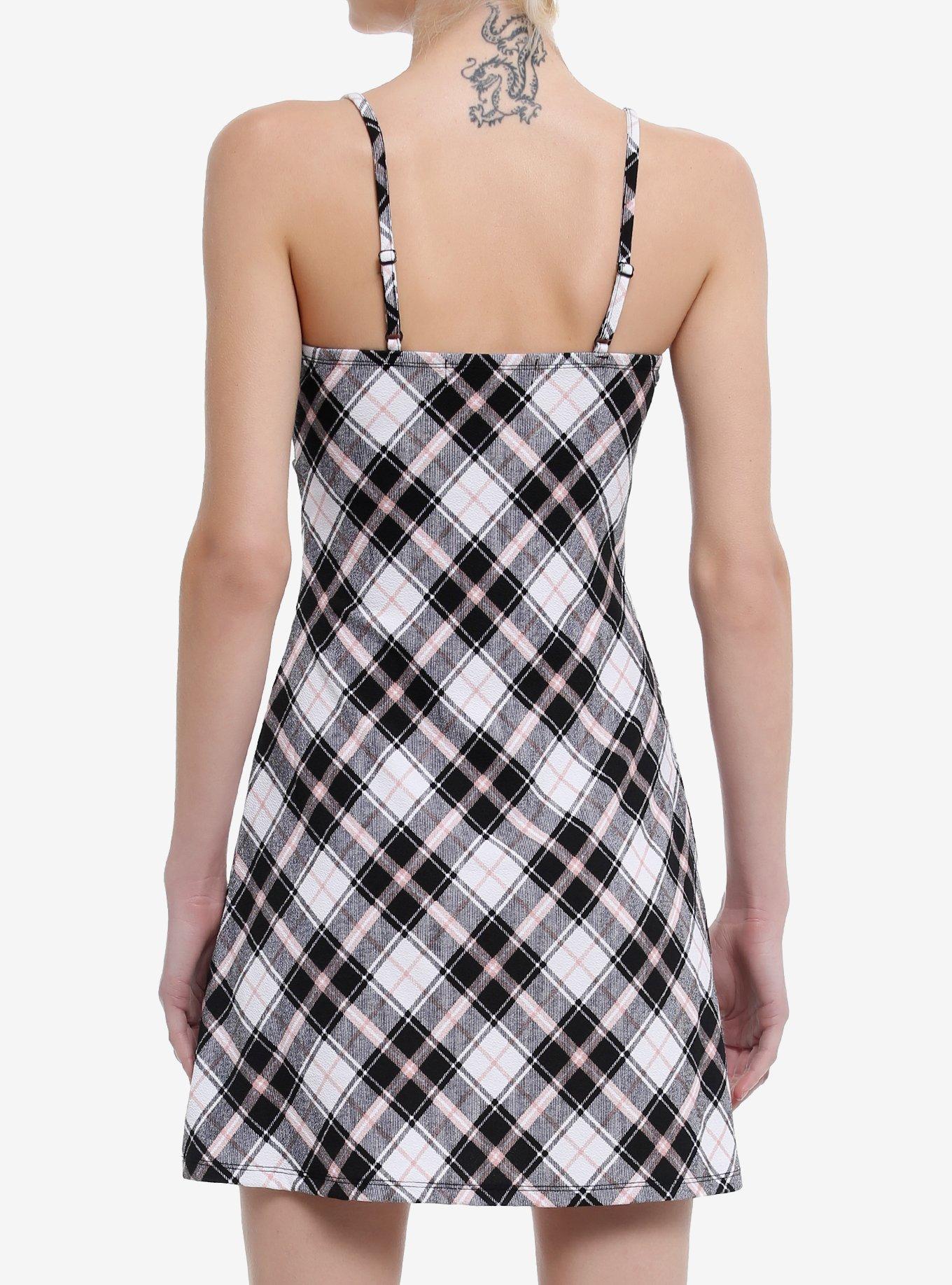 Black & Pink Plaid Lace Slip Dress, , alternate