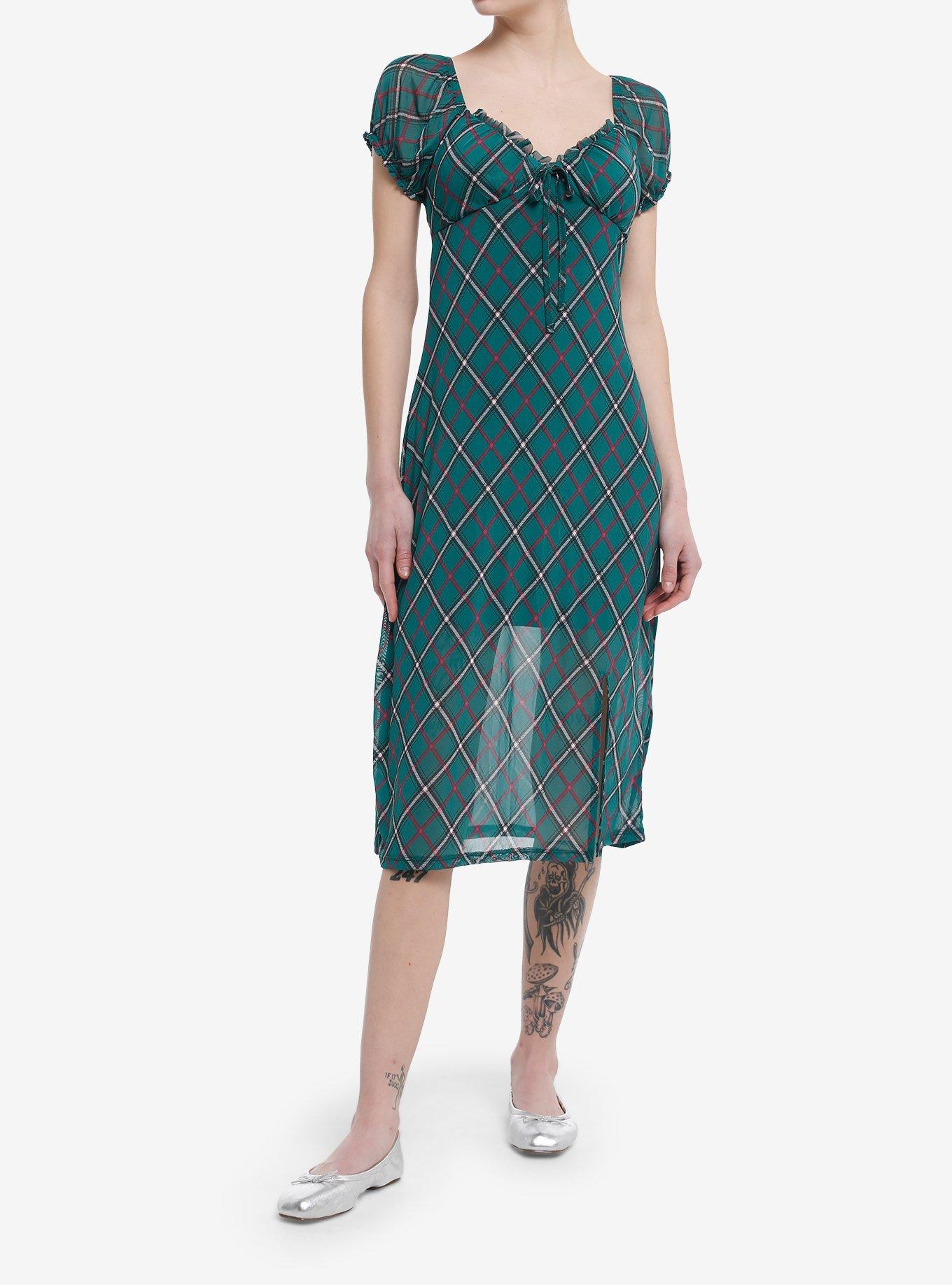 Green Plaid Empire Ruffle Midi Dress, , hi-res