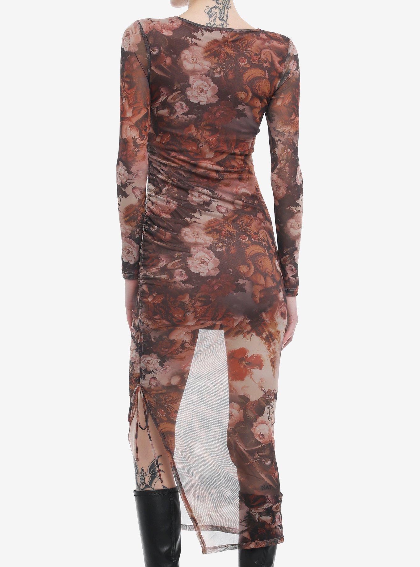 Antique Renaissance Rose Fitted Mesh Dress, BROWN, alternate
