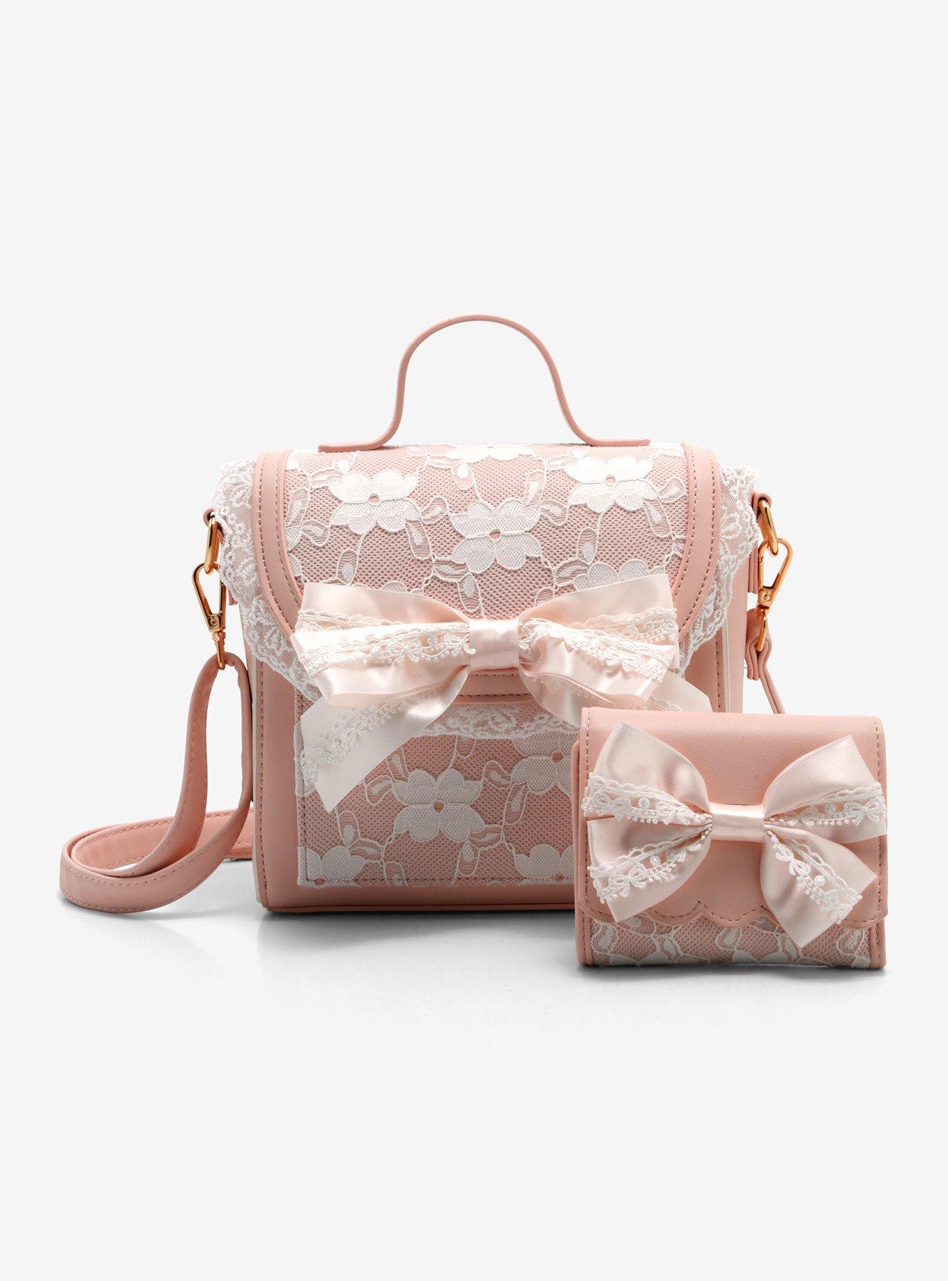 Pink Lace Bow Crossbody Bag, , alternate