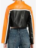 Black Orange & Brown Stripe Faux Leather Girls Crop Moto Jacket, BLACK, alternate