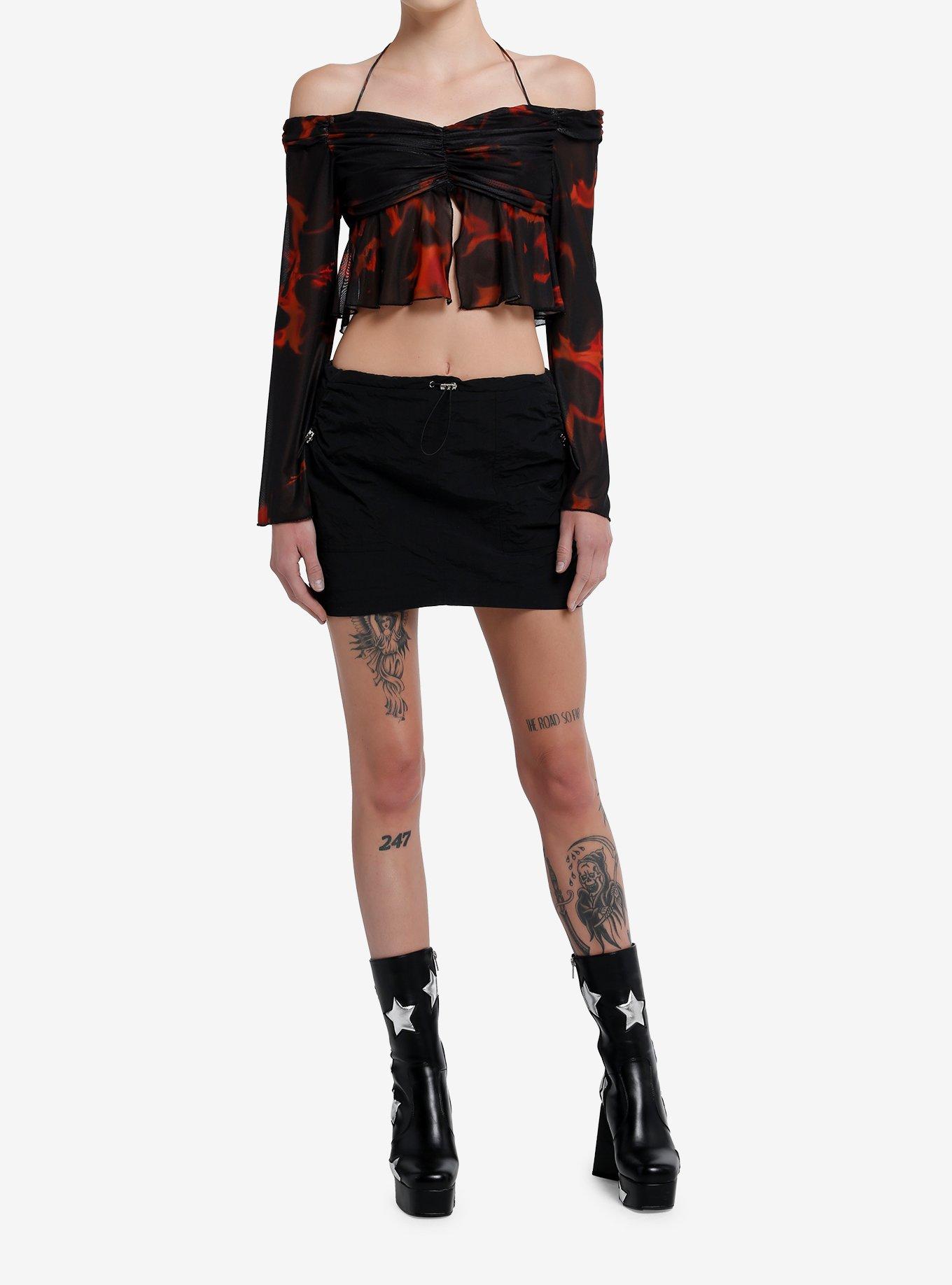Black & Orange Halter Cold Shoulder Girls Long-Sleeve Crop Top, , hi-res