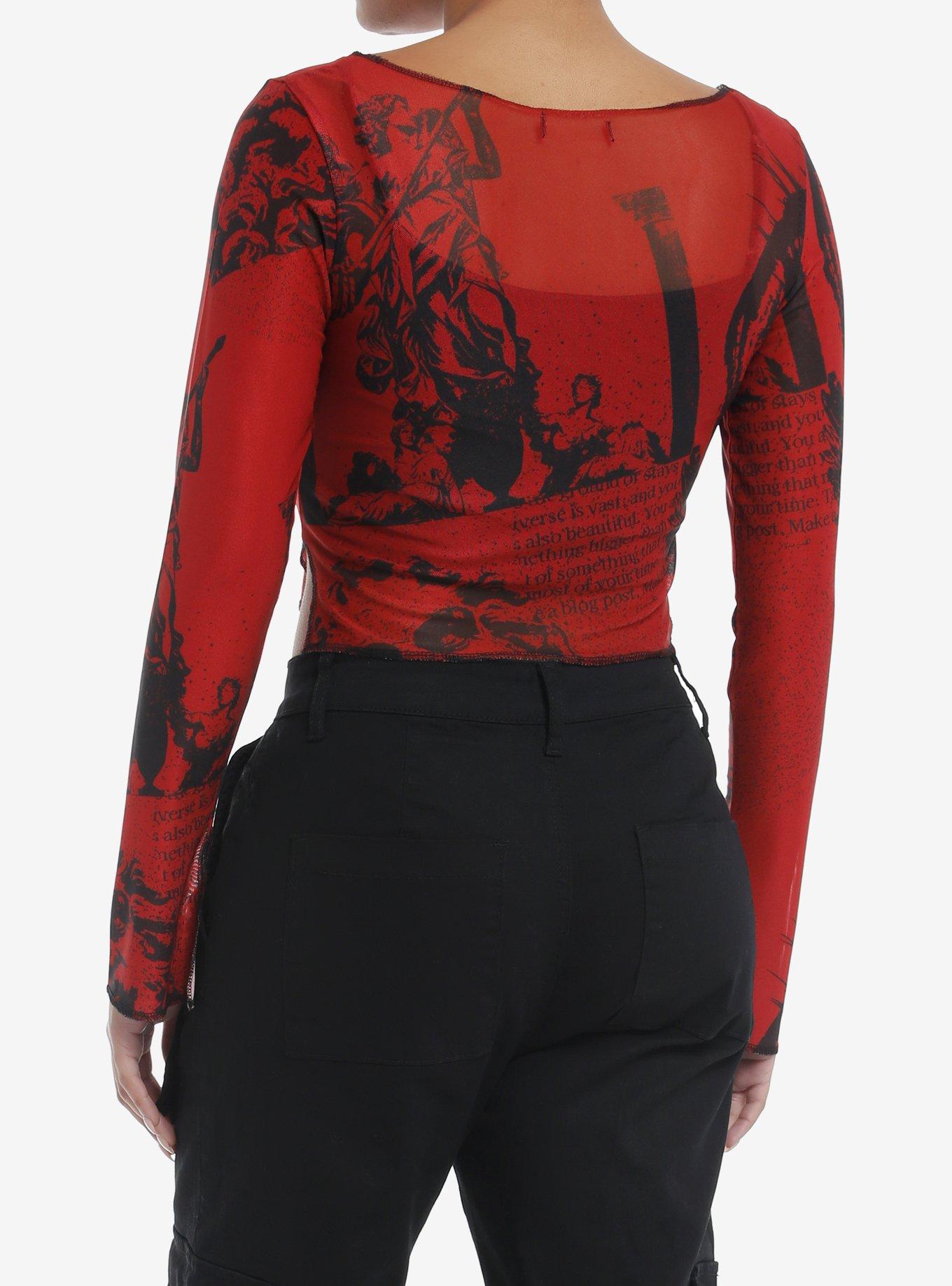 Red & Black Faces Girls Mesh Long-Sleeve Top, BLACK, alternate